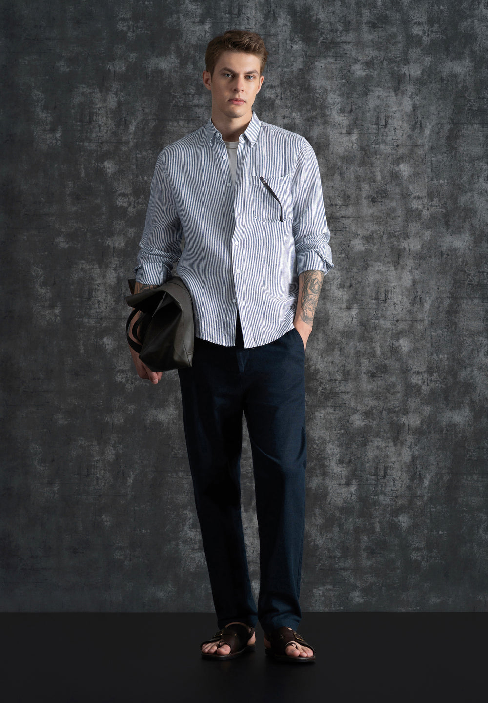 Navy Blue 100% Pure Linen Stripe Shirt