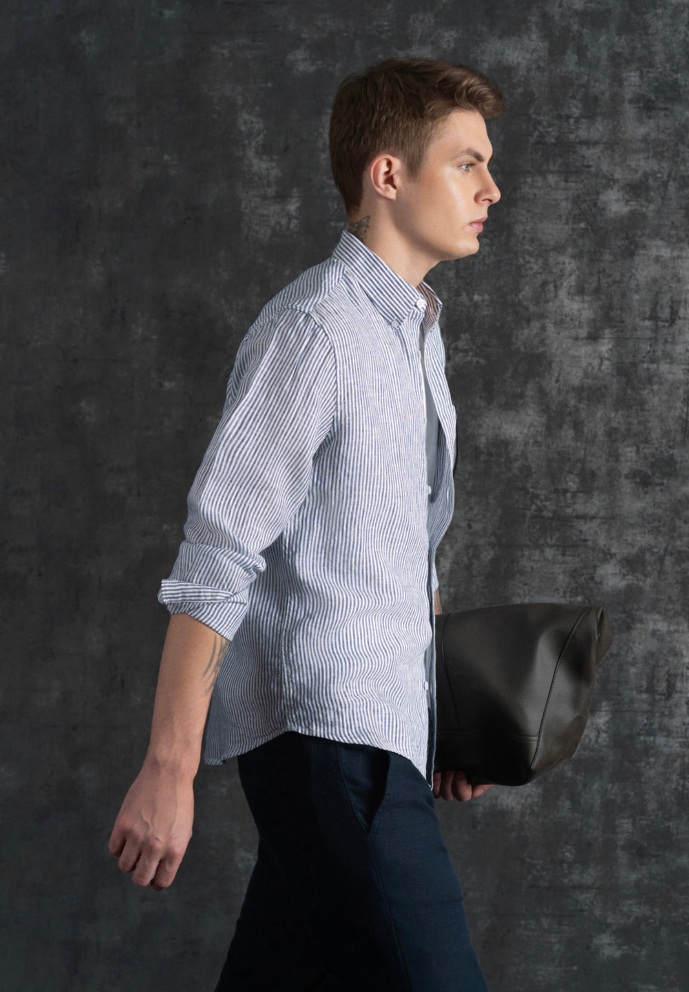 Navy Blue 100% Pure Linen Stripe Shirt