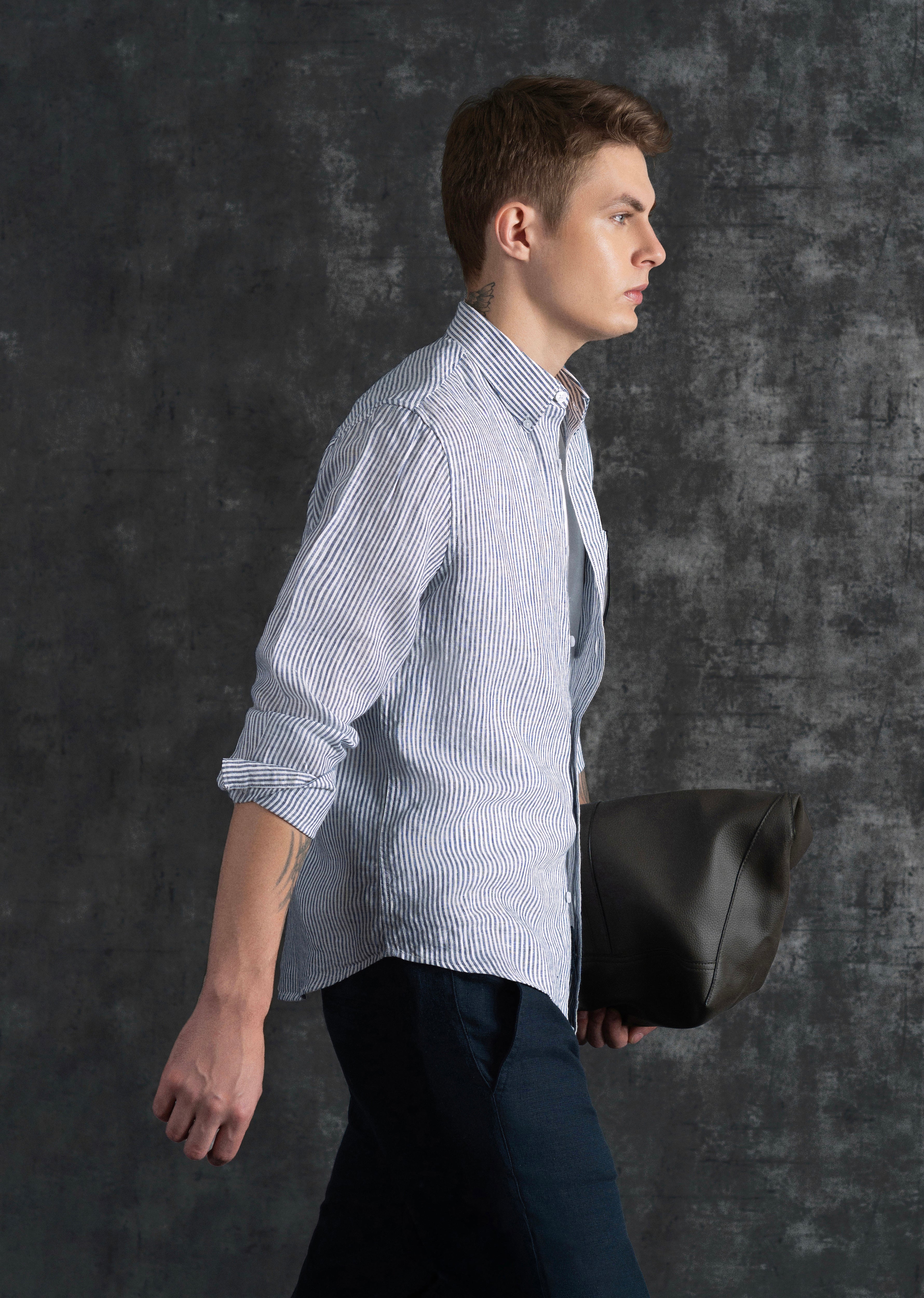 Navy Blue 100% Pure Linen Stripe Shirt