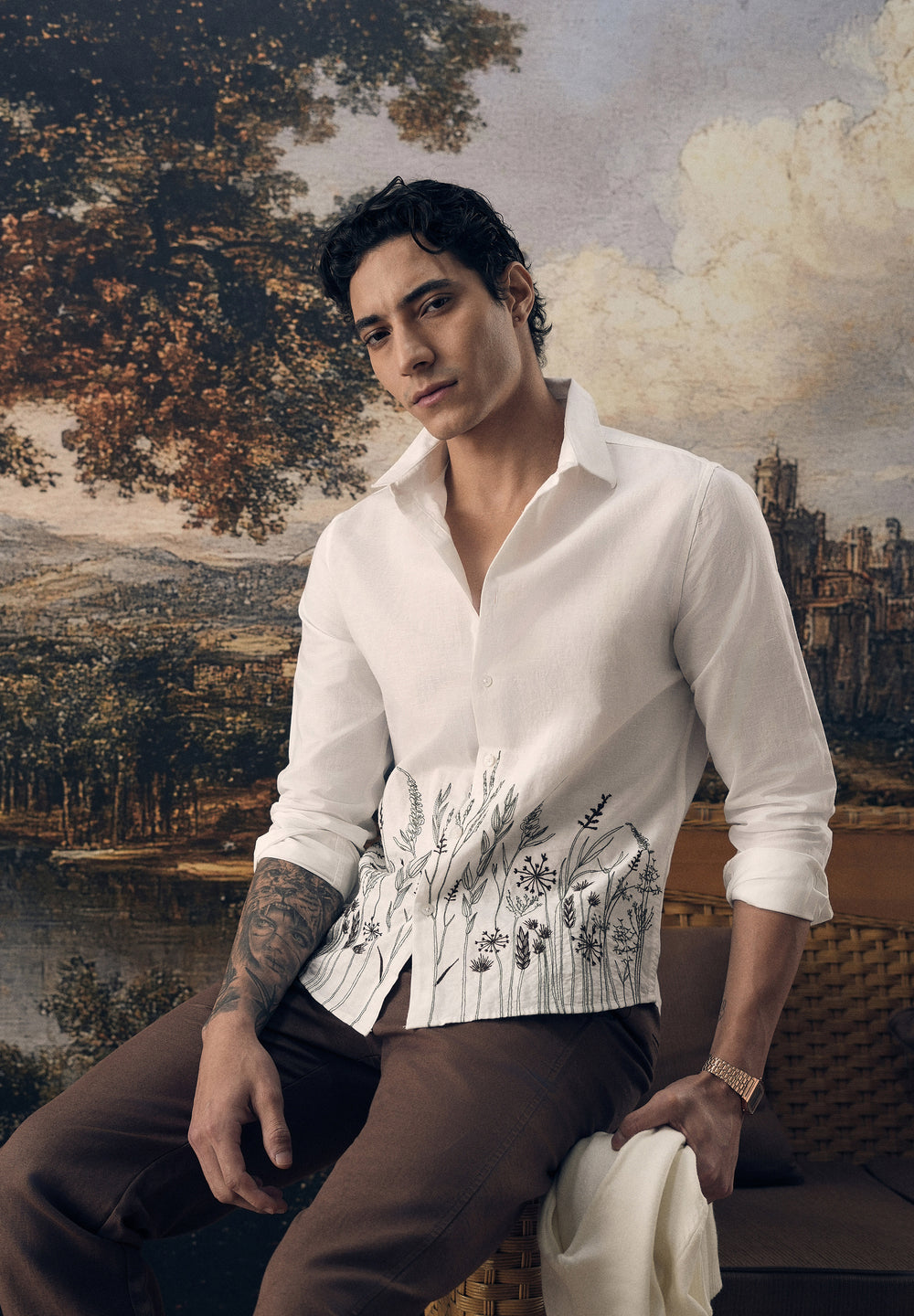 White Hem Embroidery Cotton Linen Shirt