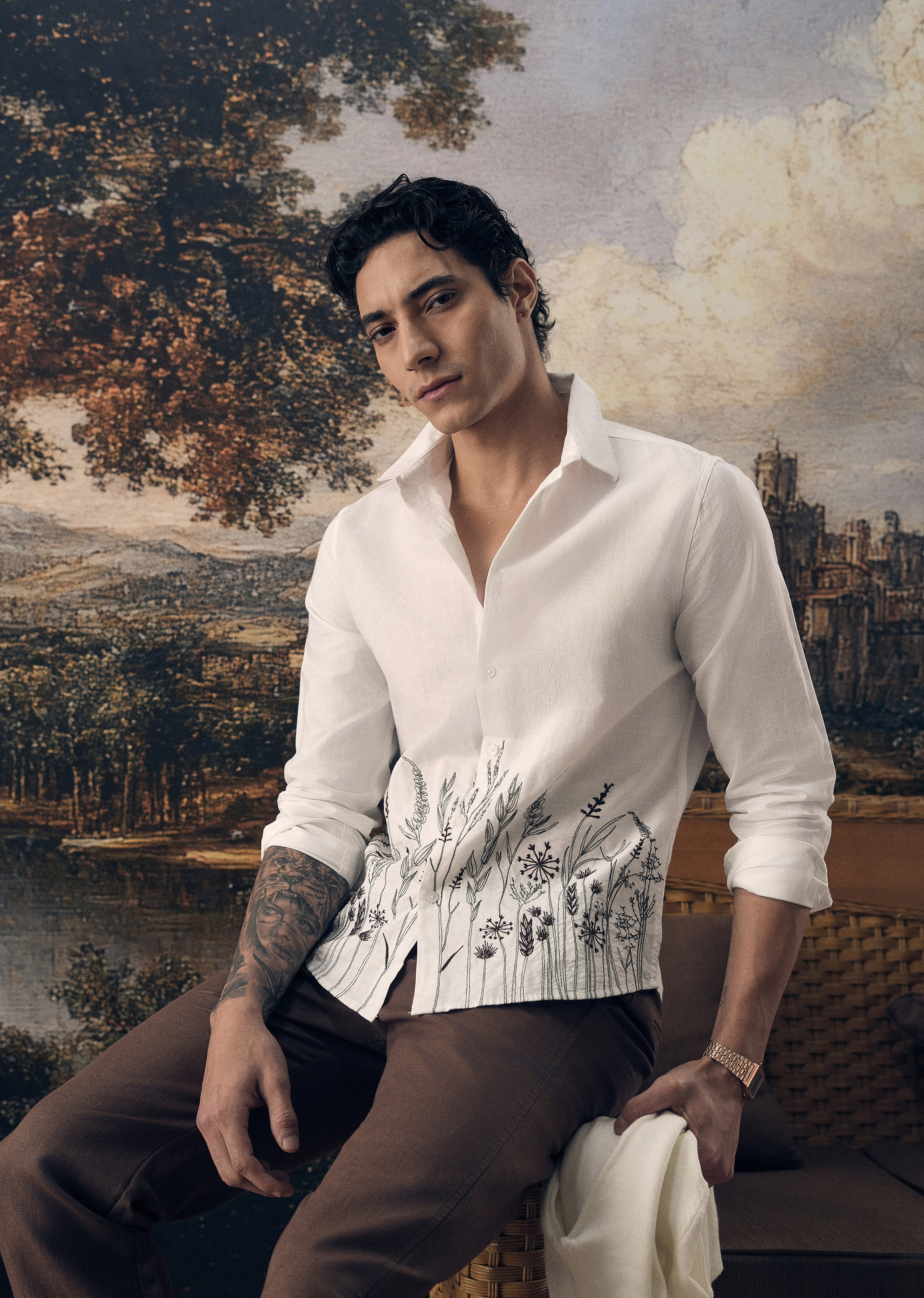 White Hem Embroidery Cotton Linen Shirt