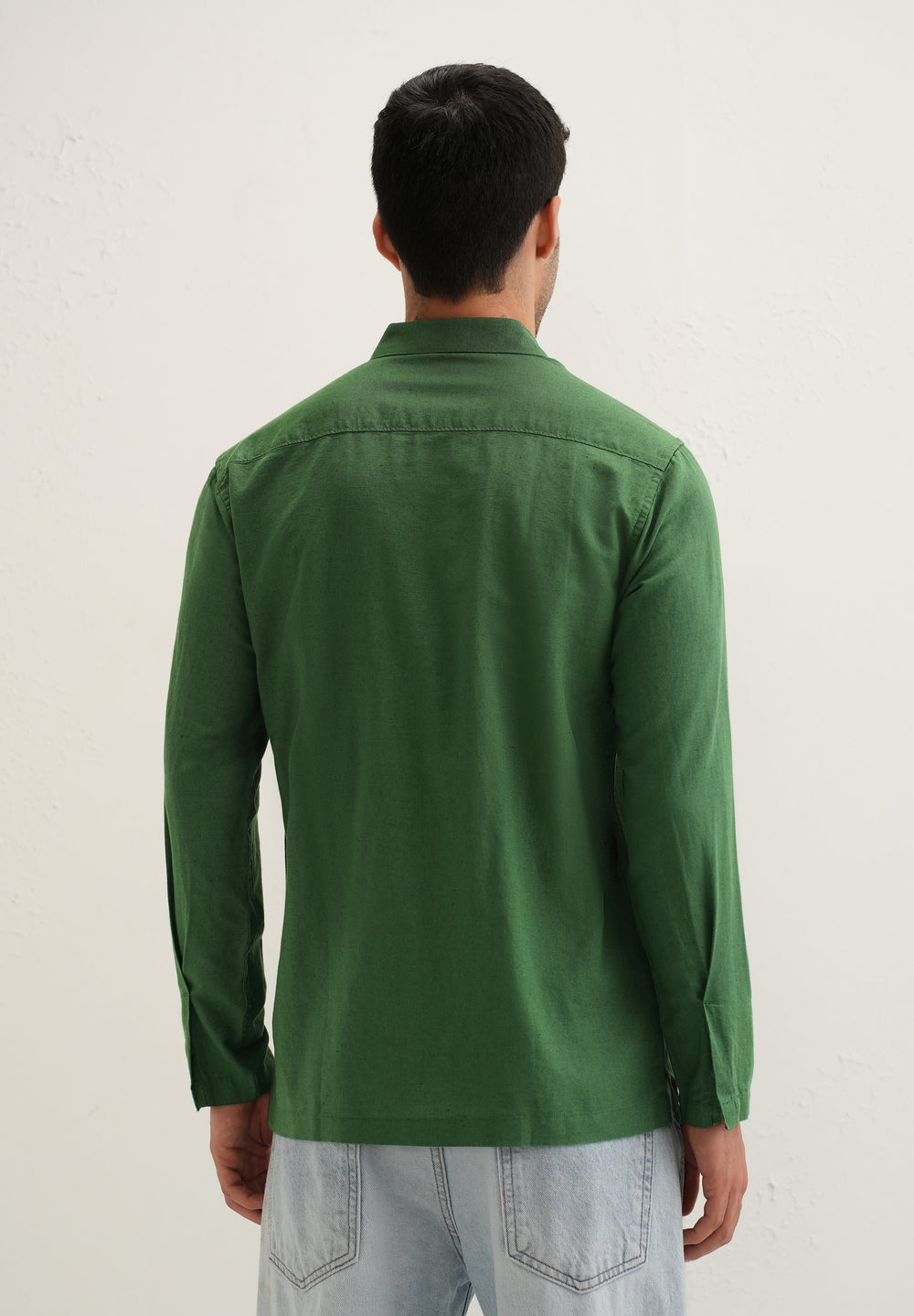 Green Hidden Sleeve Placket Cotton Linen Shirt