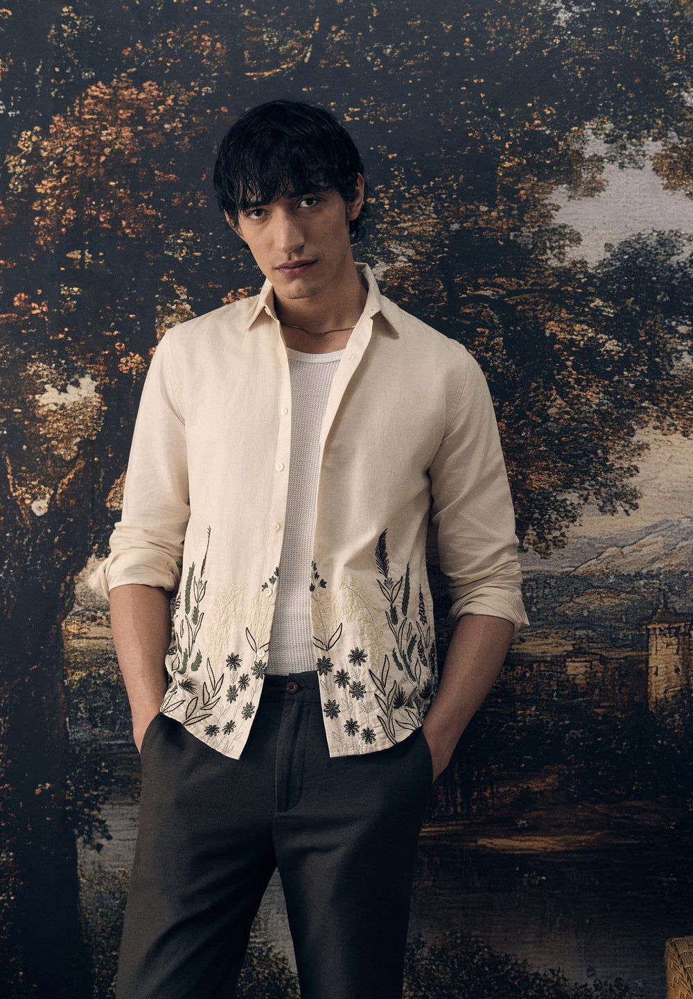 Beige Hem Embroidery Cotton Linen Shirt