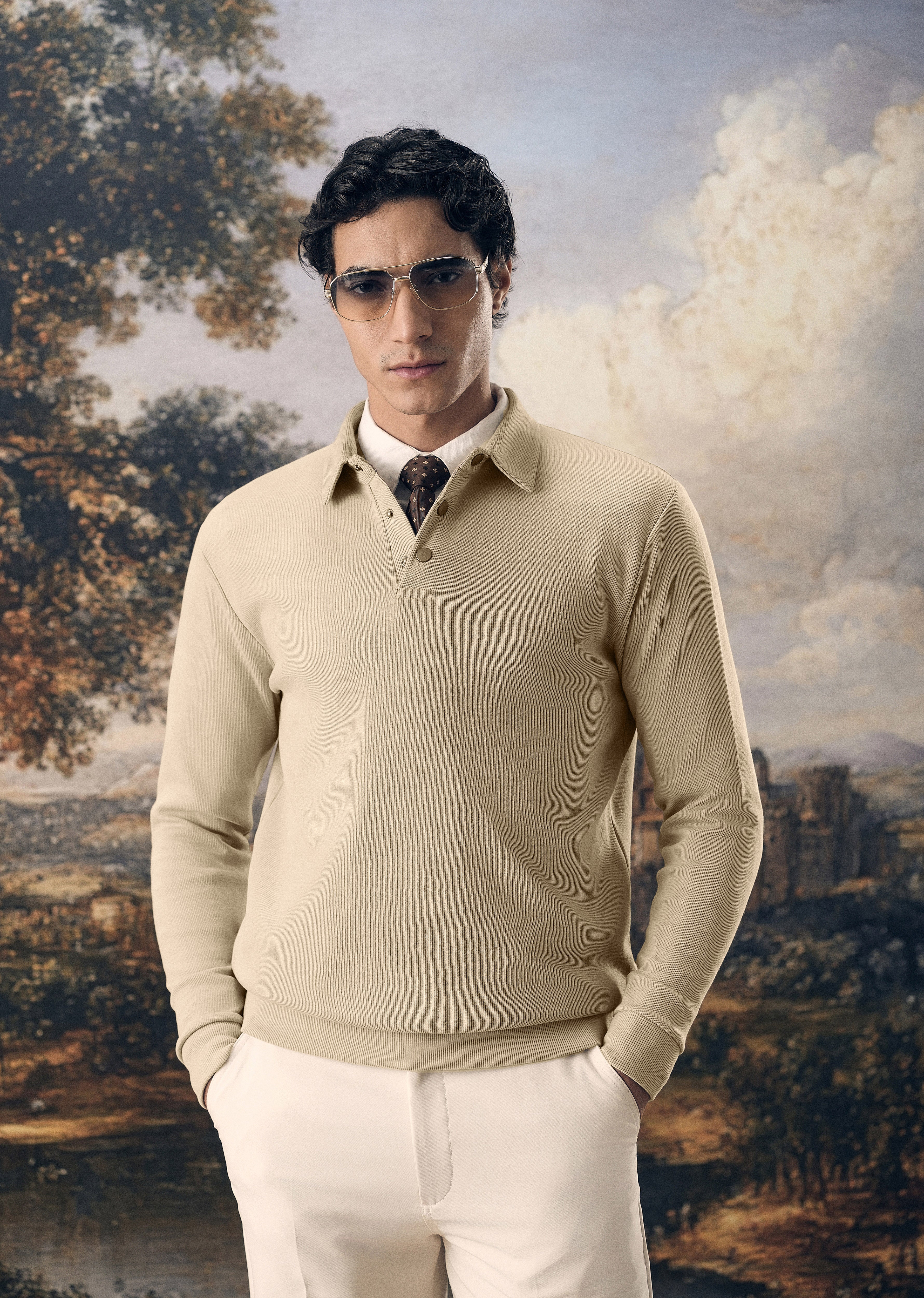 Beige Knitted Polo Sweatshirt