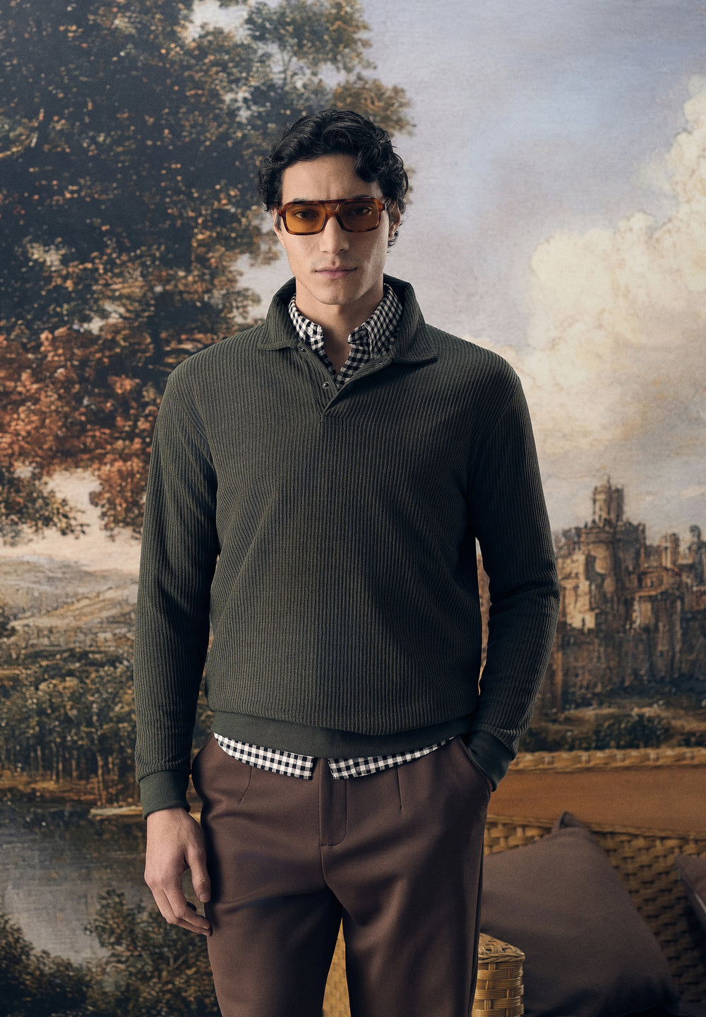 Olive Green Waffle Knit Polo Sweatshirt