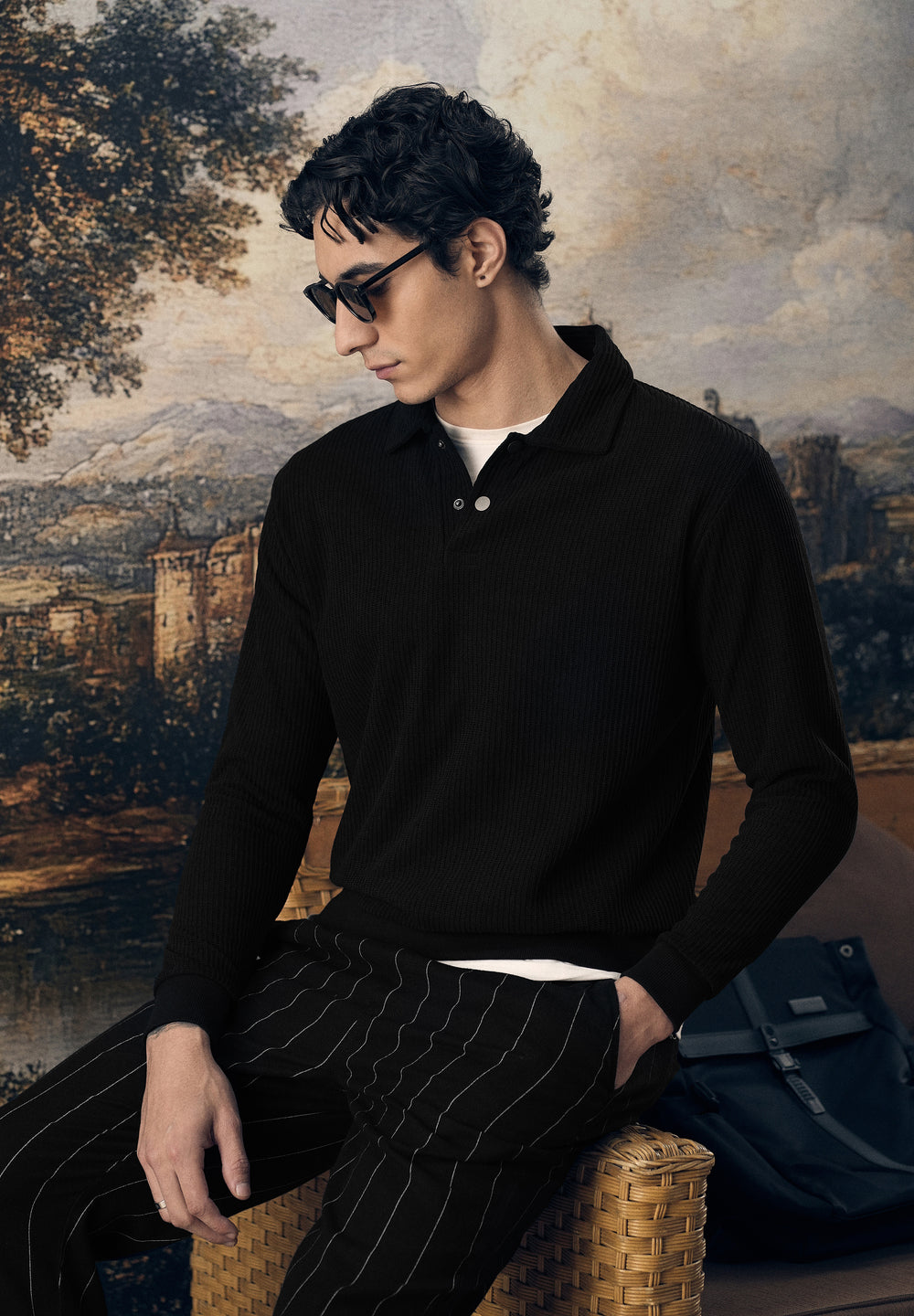 Black Waffle Knit Polo Sweatshirt