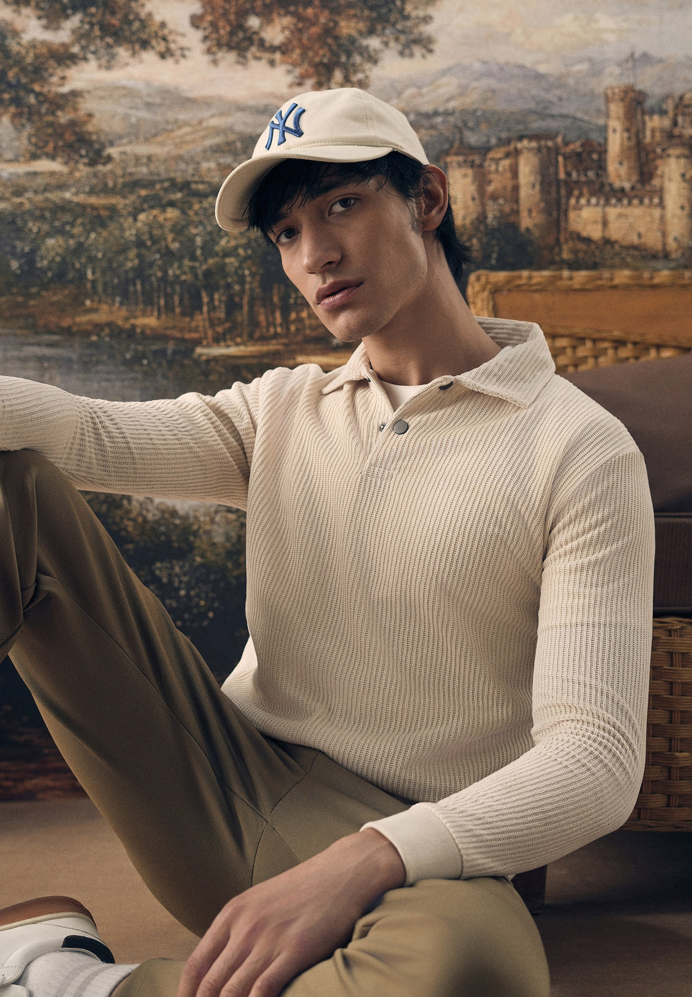 Cream Waffle Knit Polo Sweatshirt