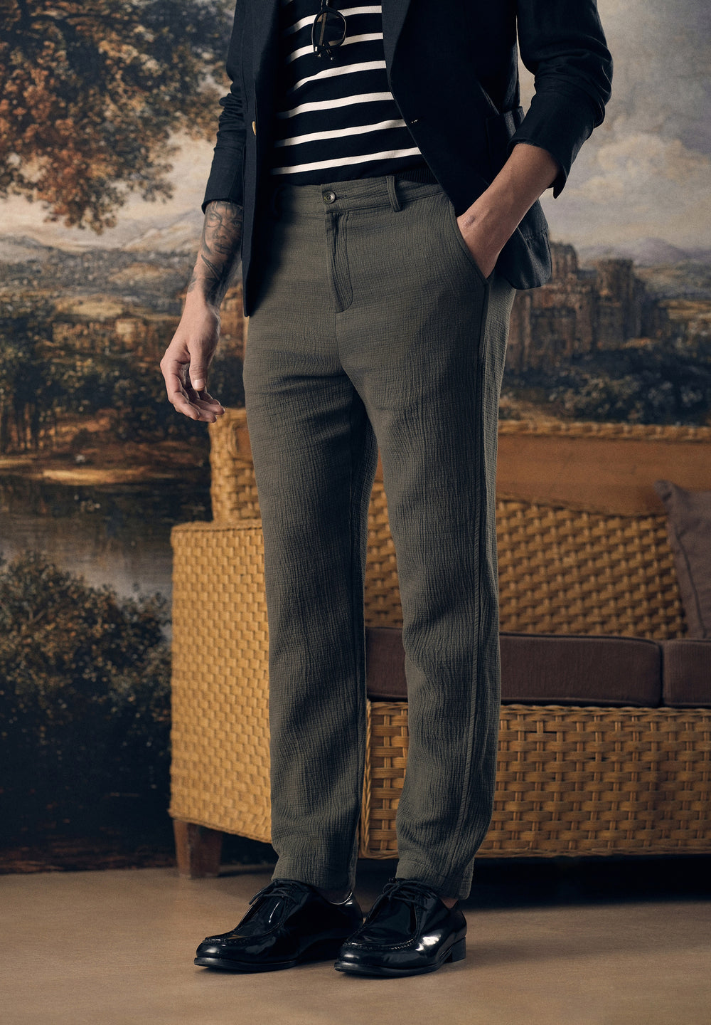 Olive Green Crinkled Cotton Trouser