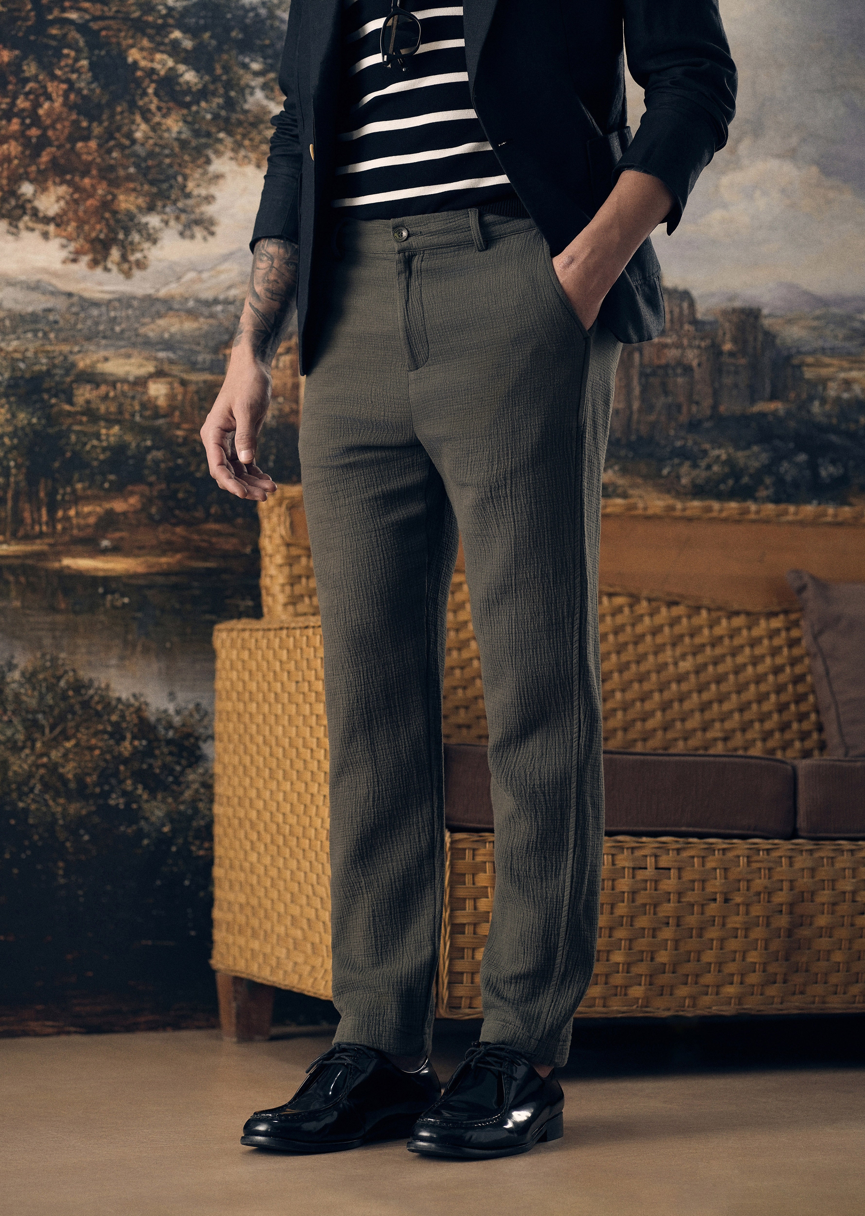 Olive Green Crinkled Cotton Trouser