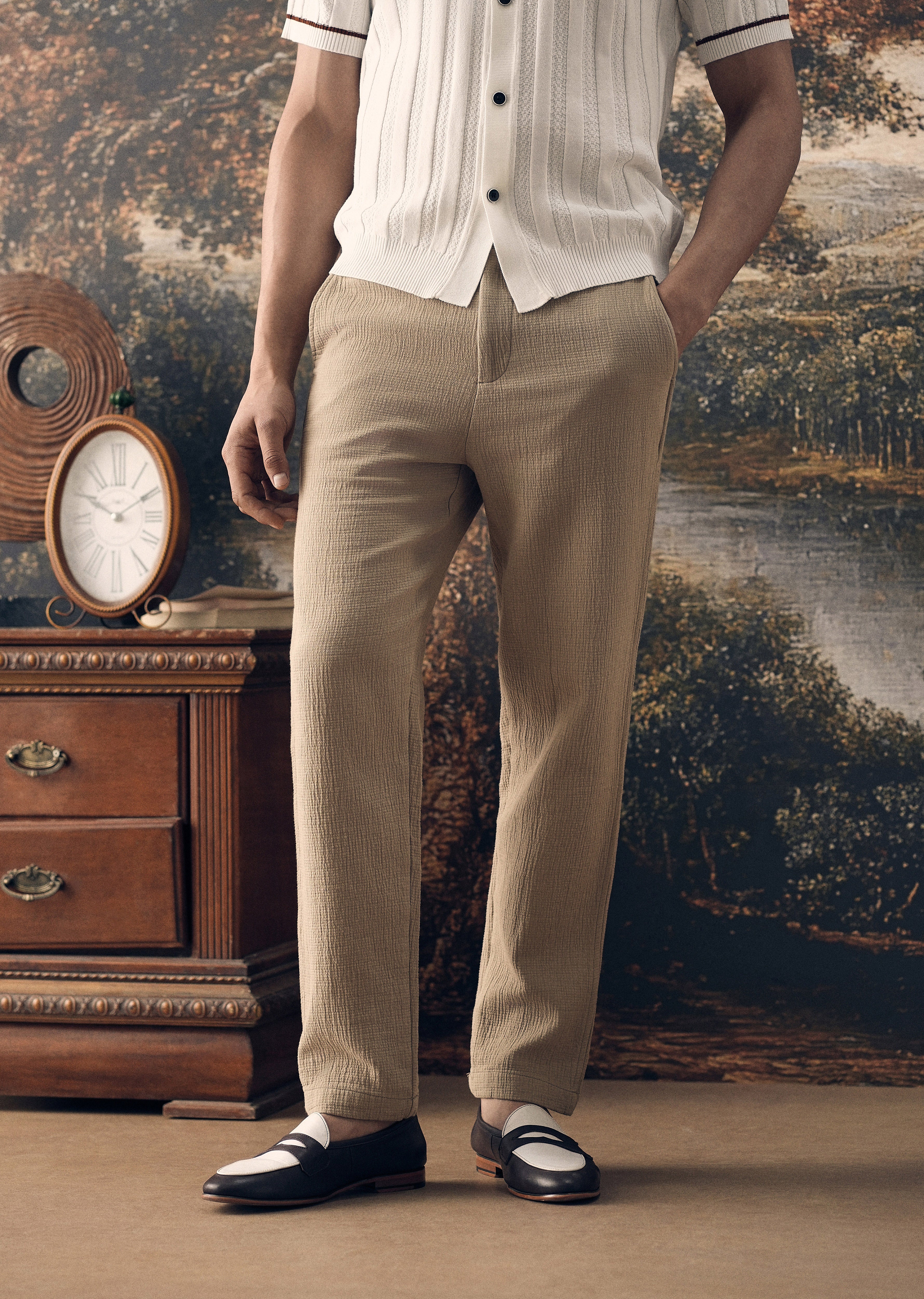 Dark Beige Crinkled Cotton Trouser