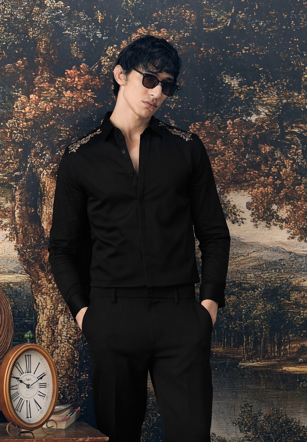 Black Shoulder Embroidery Designer Shirt