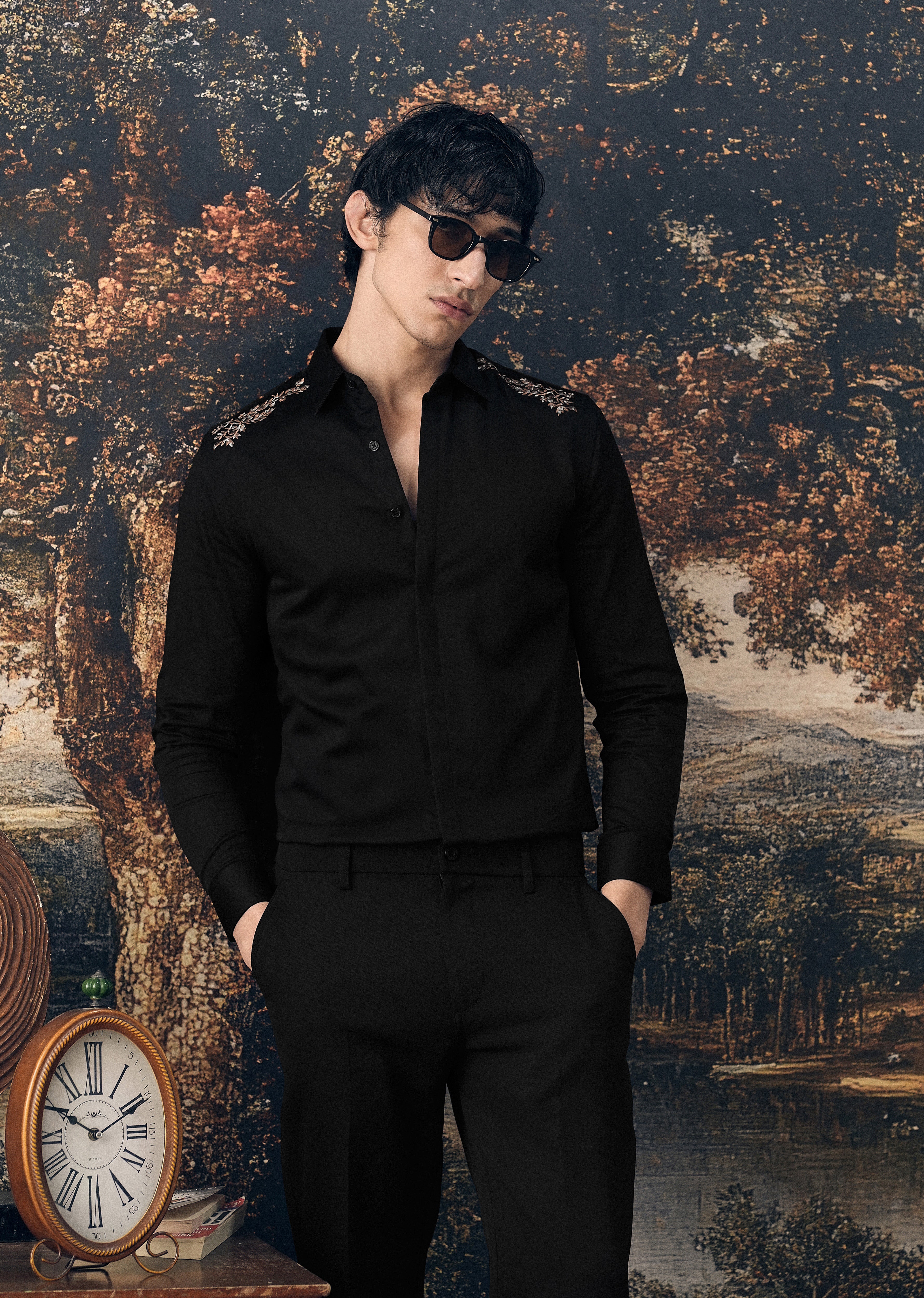 Black Shoulder Embroidery Designer Shirt