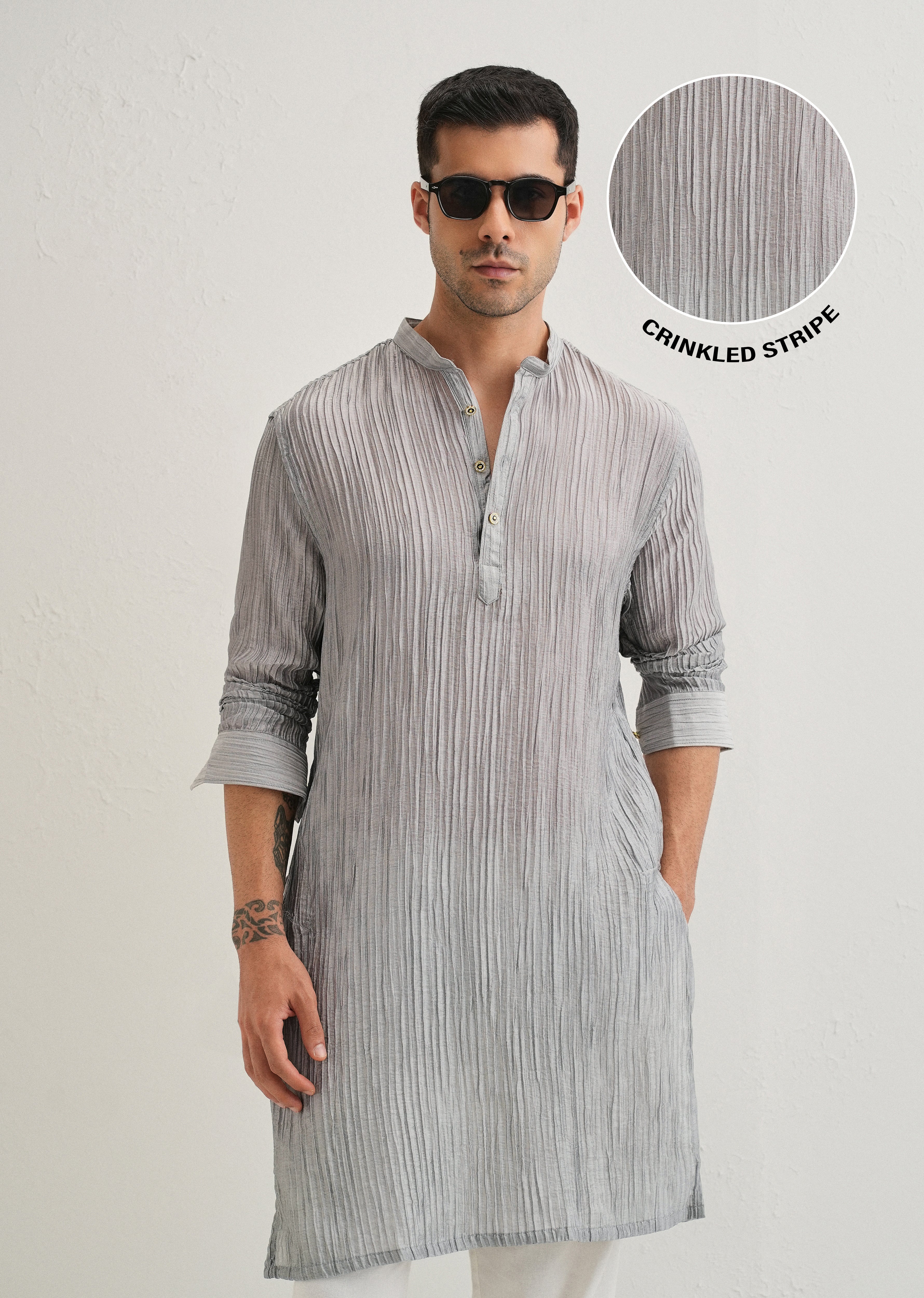 Grey Crinkled Stripe Kurta