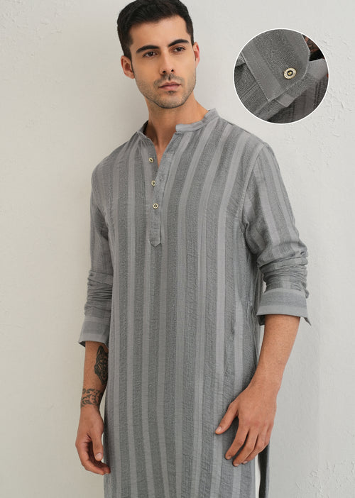 Grey Textured Vertical Stripe Kurta