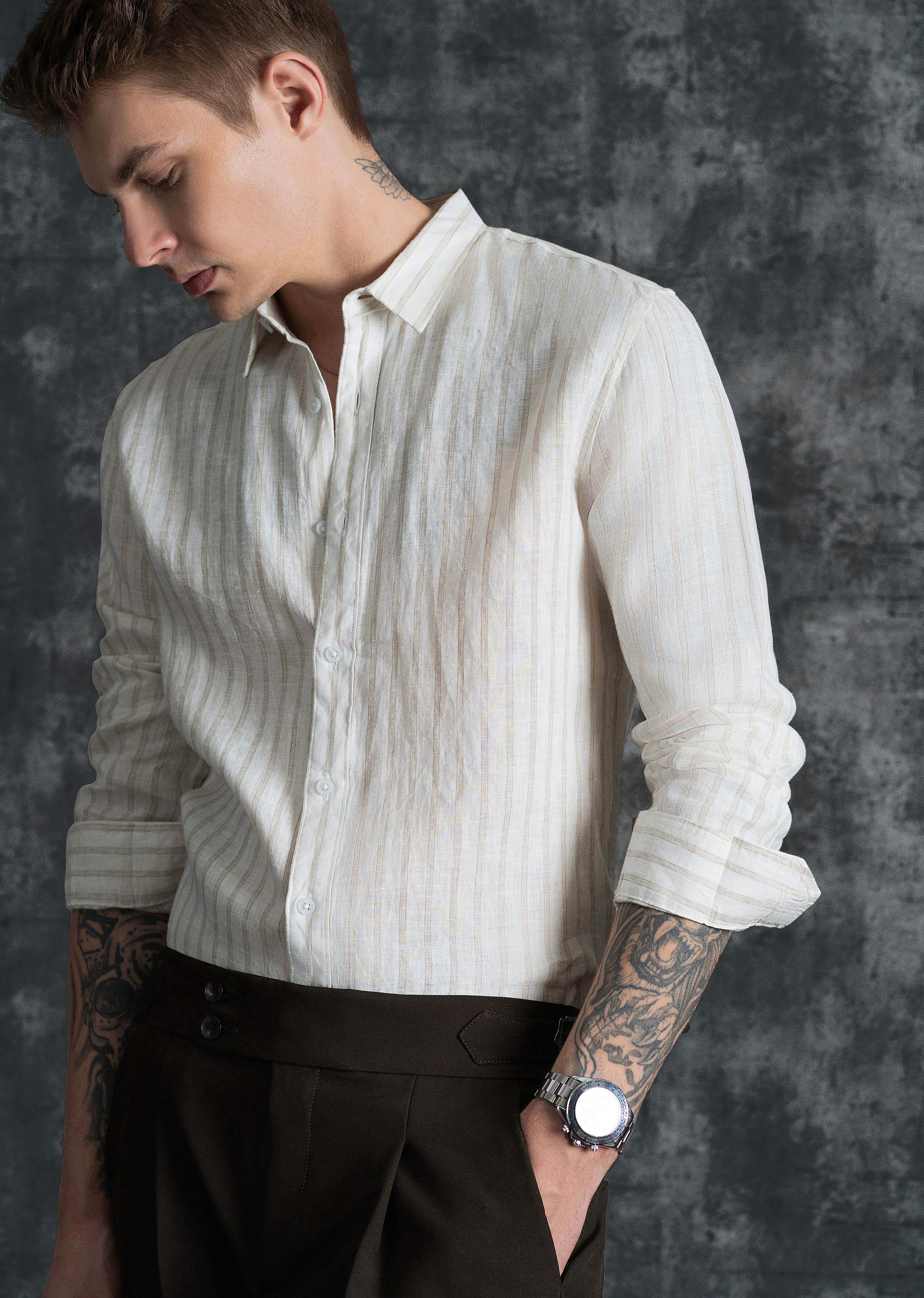 100% Linen Off-White Classic Stripe Shirt