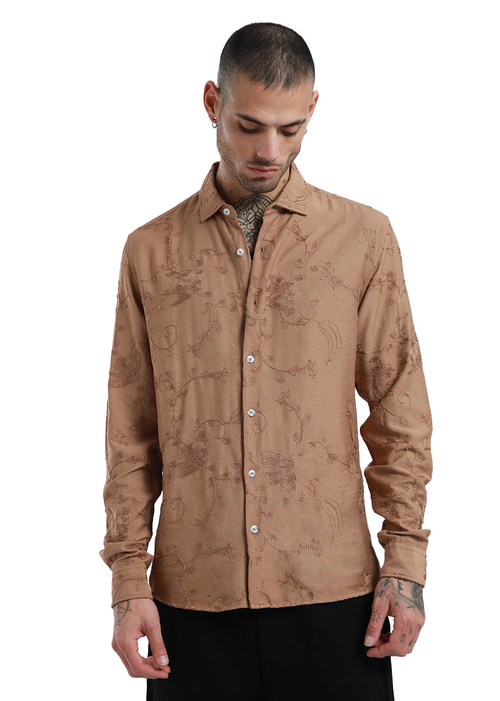 Metallic Bronze Floral Embroidery Shirt