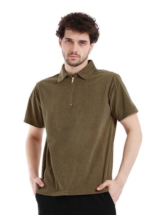 Dusty Brown Zip polo T-shirt