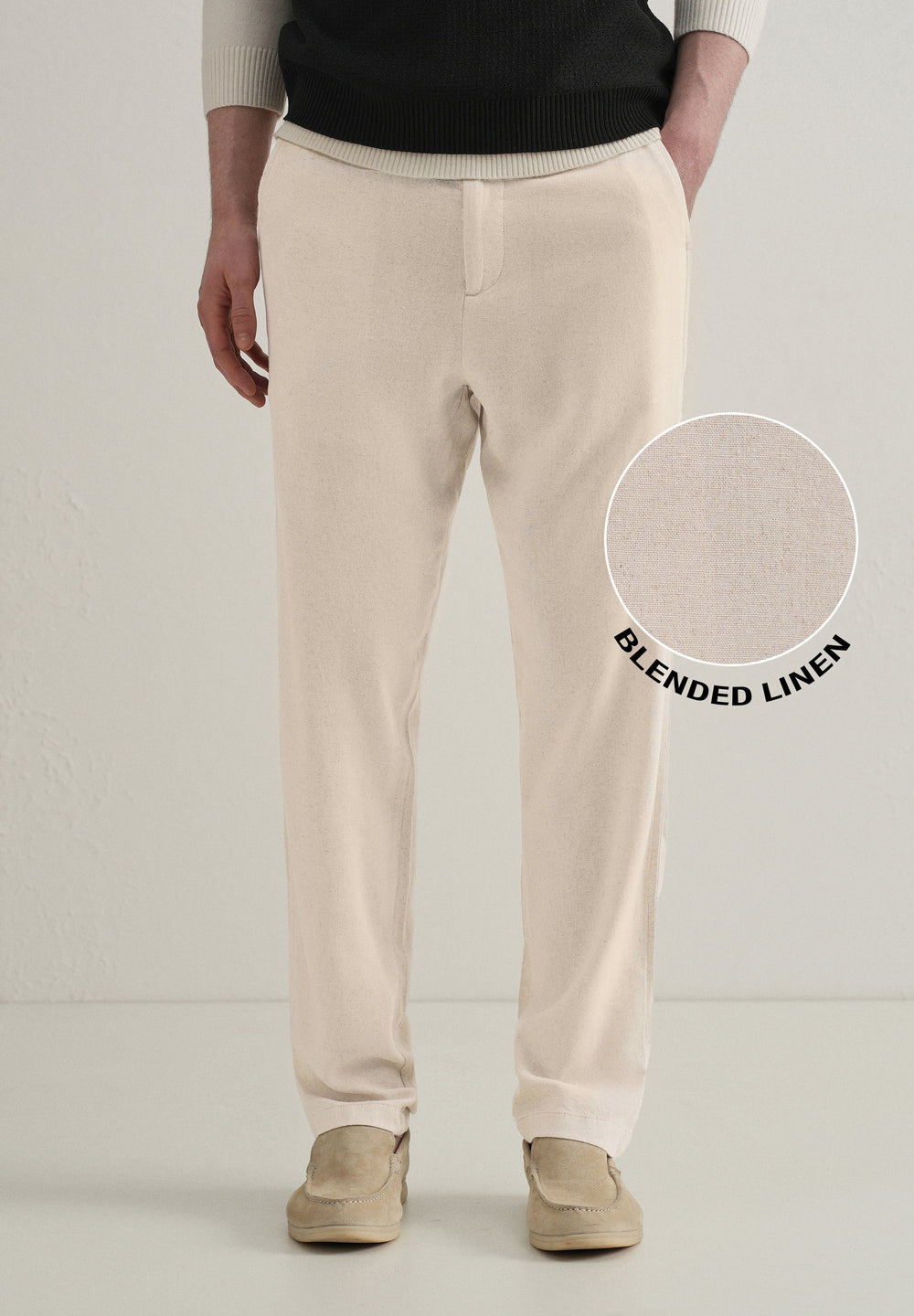Beige Relaxed Fit Blended Linen Trouser