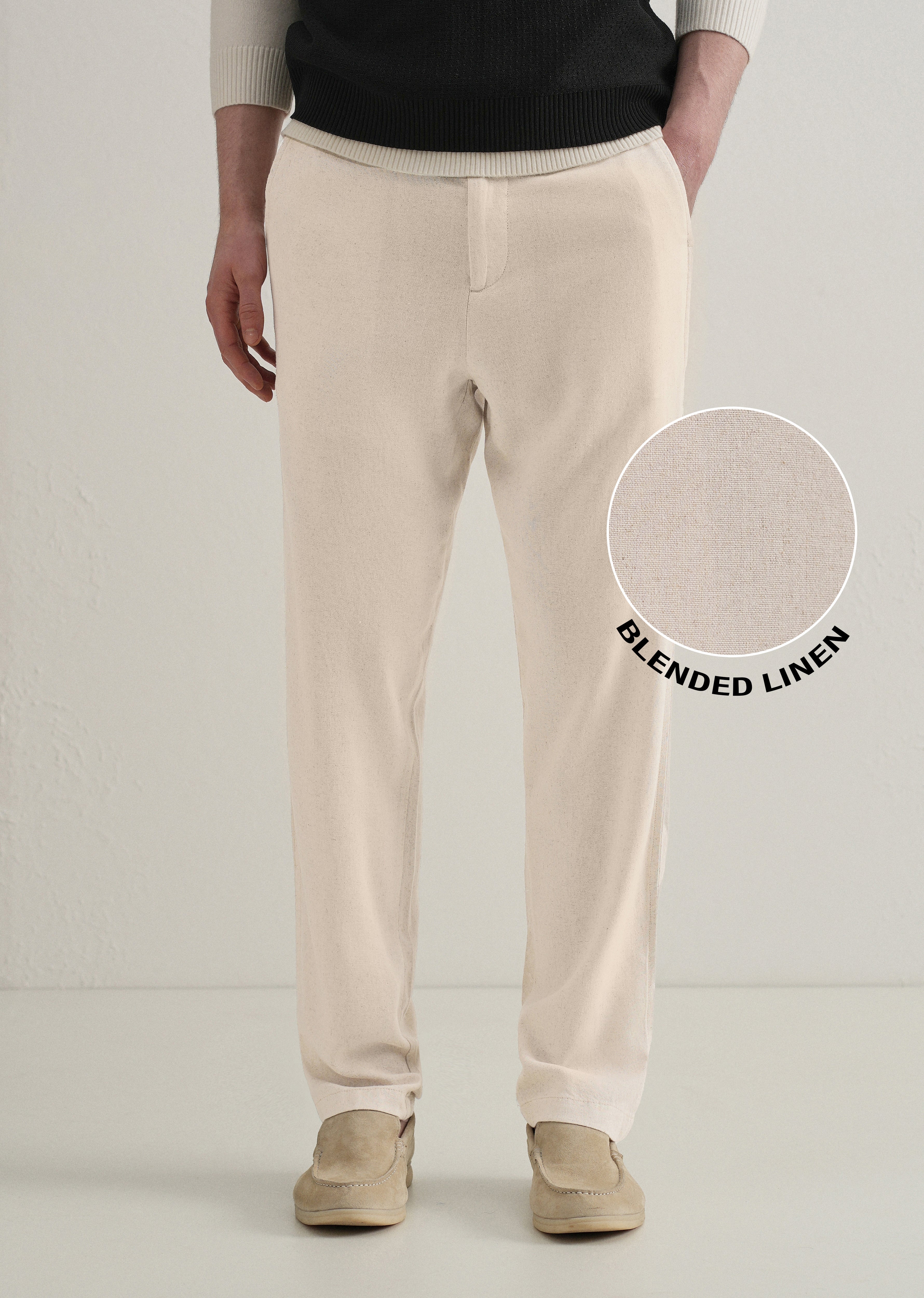 Beige Relaxed Fit Blended Linen Trouser