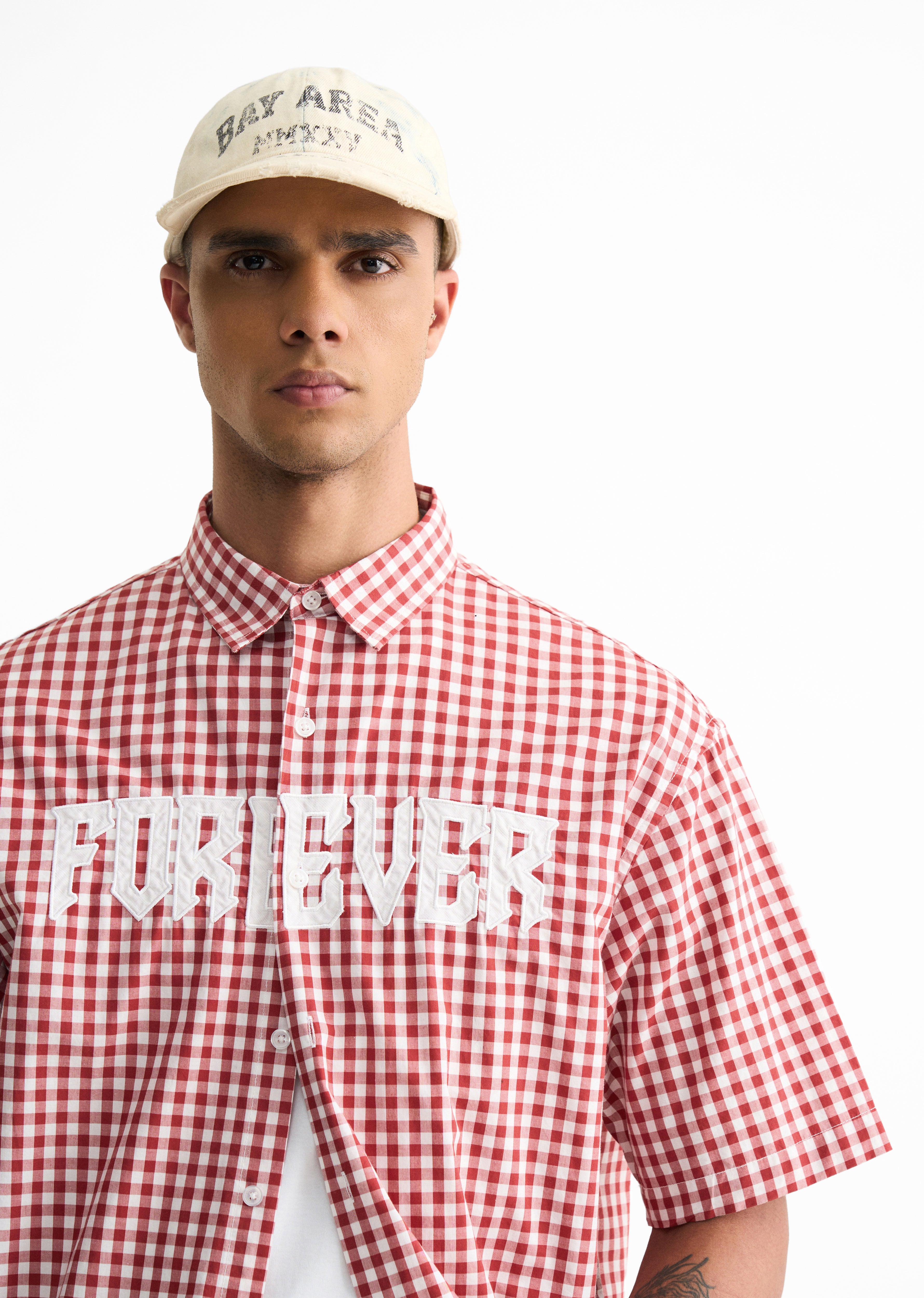 Red Typography Check Boxy Shirt