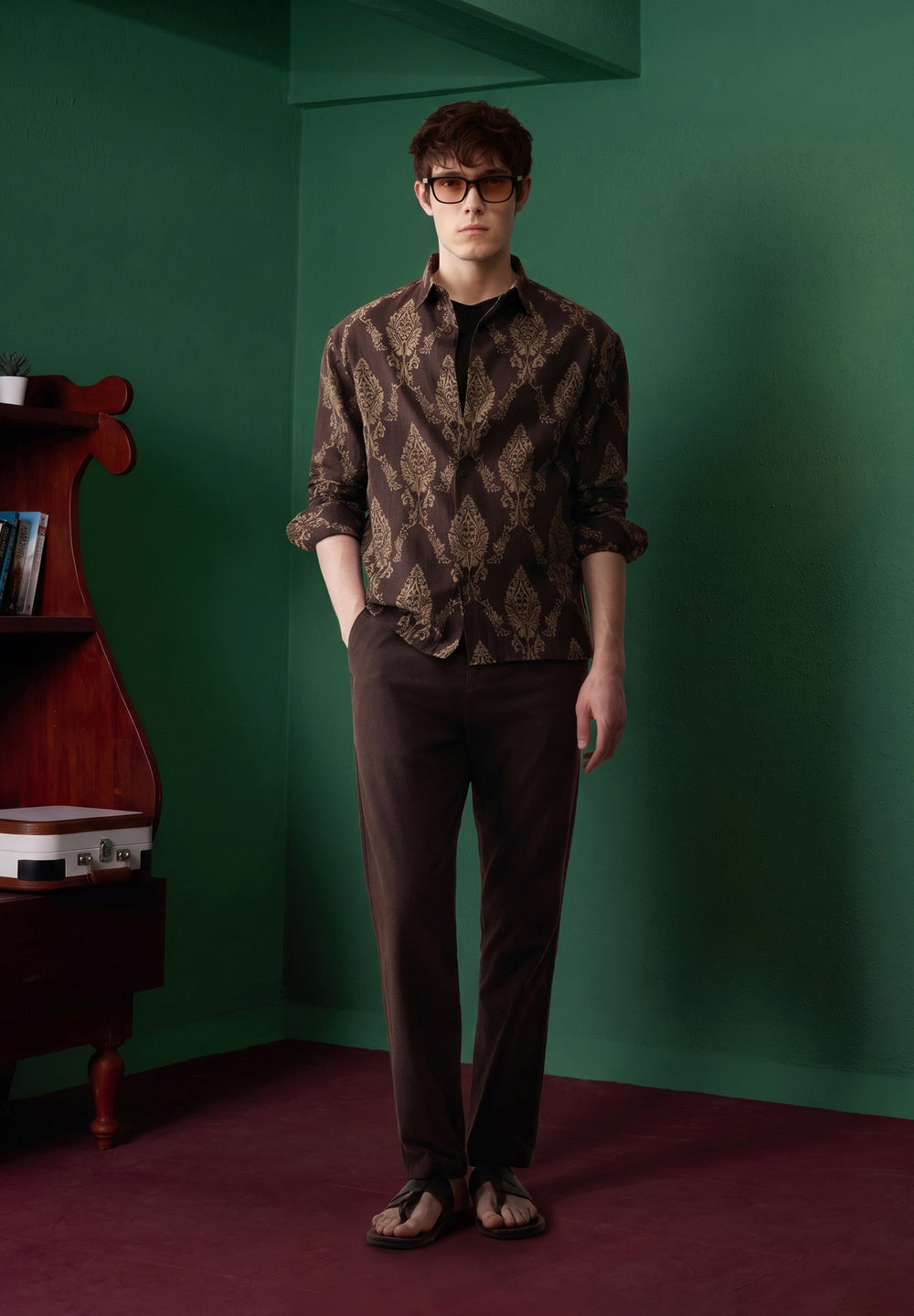 Brown Cotton Blend Jacquard Shirt