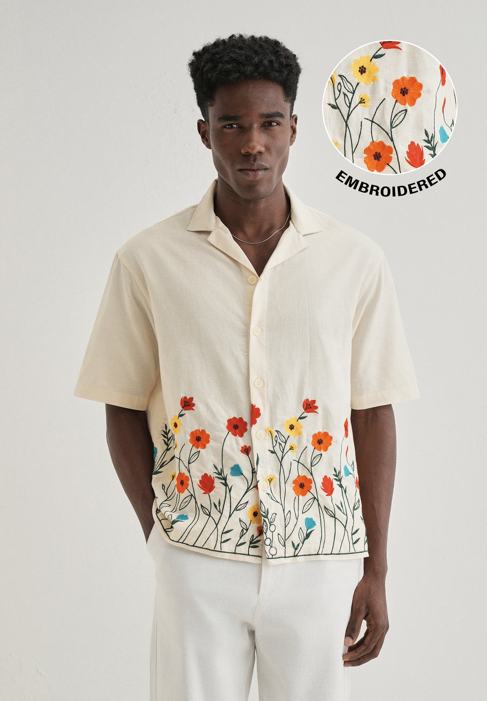 Cream Embroidered Cotton Linen Shirt