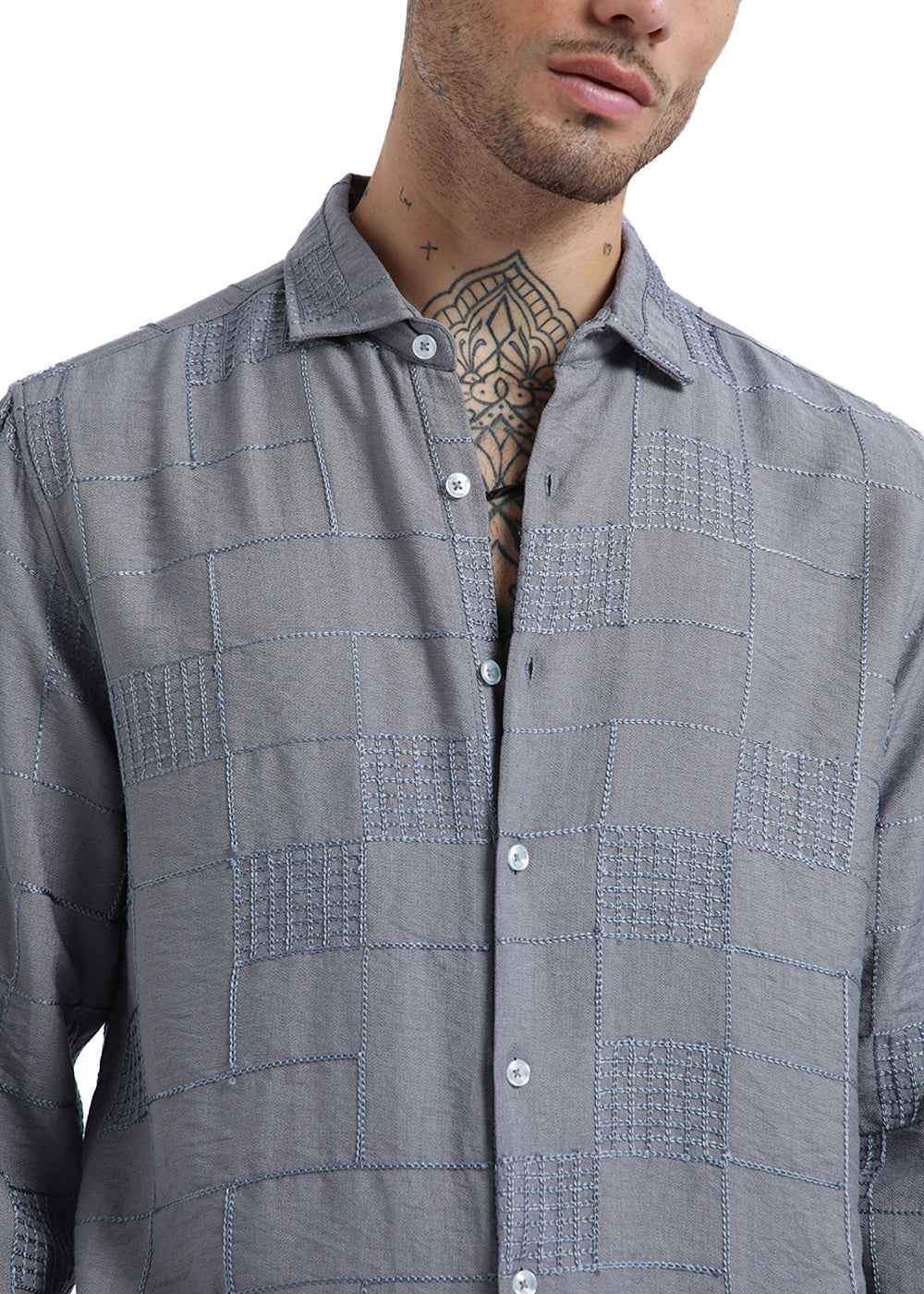 Glisten Grey Plaid Embroidery Shirt