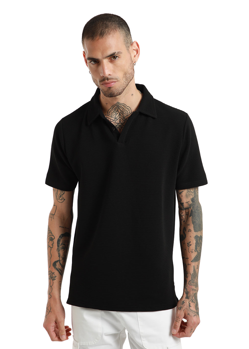 Black Textured Polo T-shirt