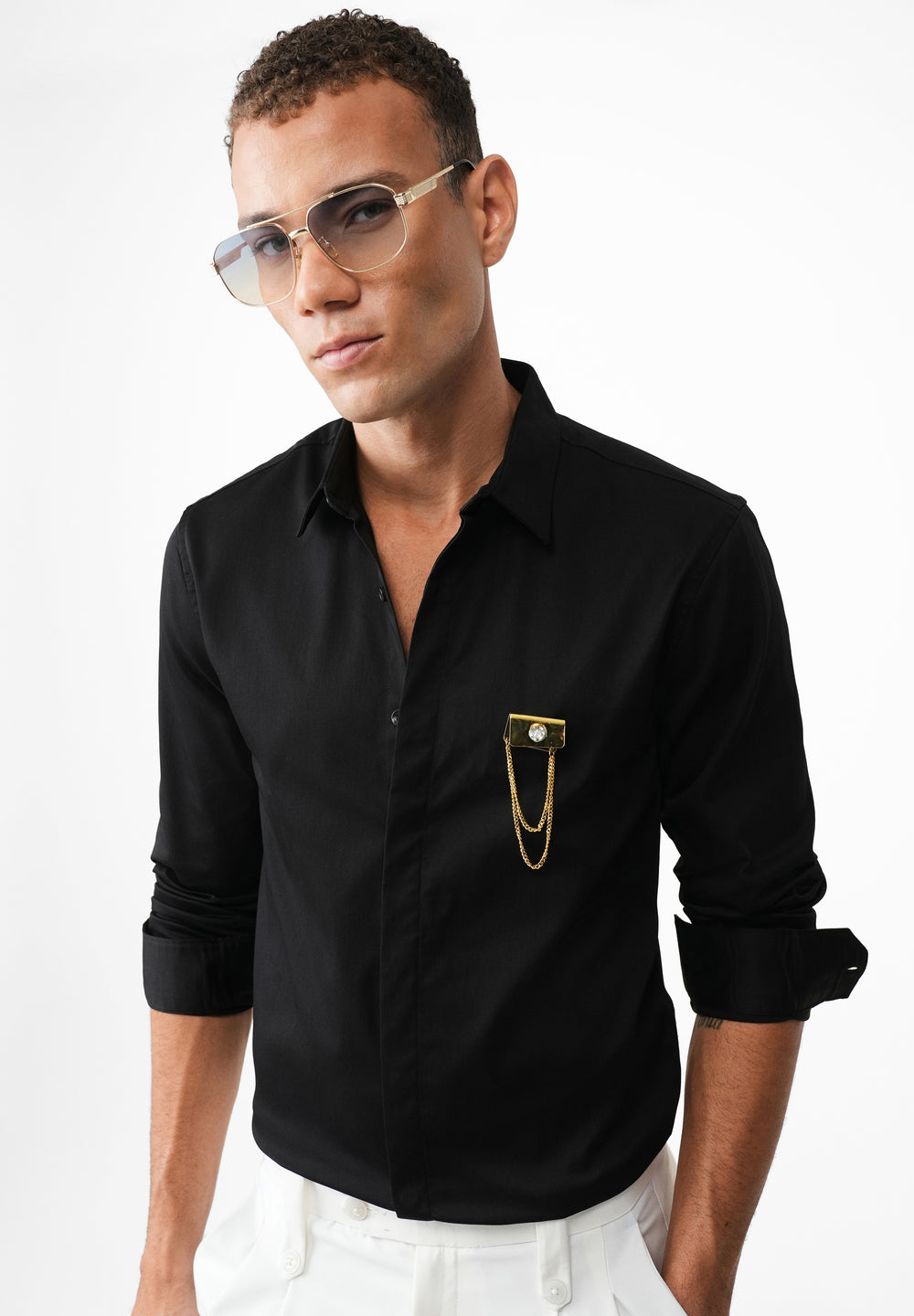 Metallic Chain Brooch Black Designer Shirt
