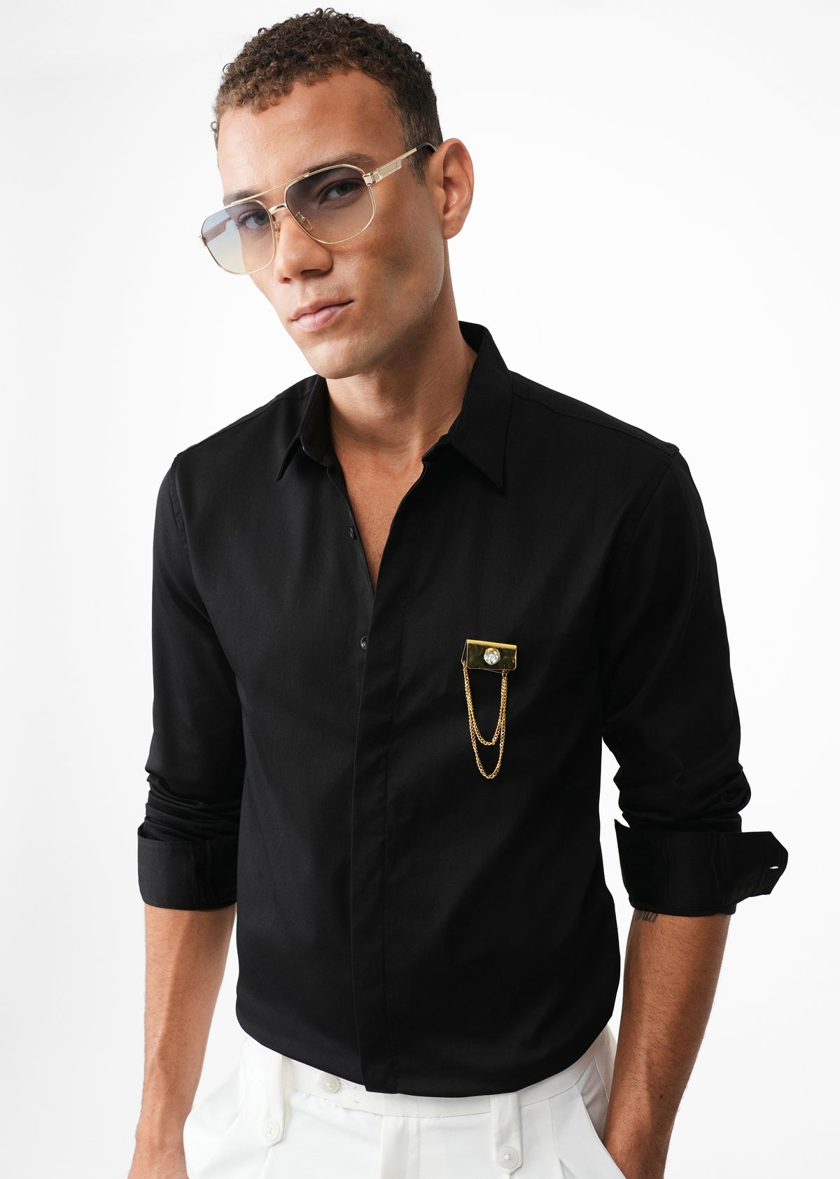 Metallic Chain Brooch Black Designer Shirt