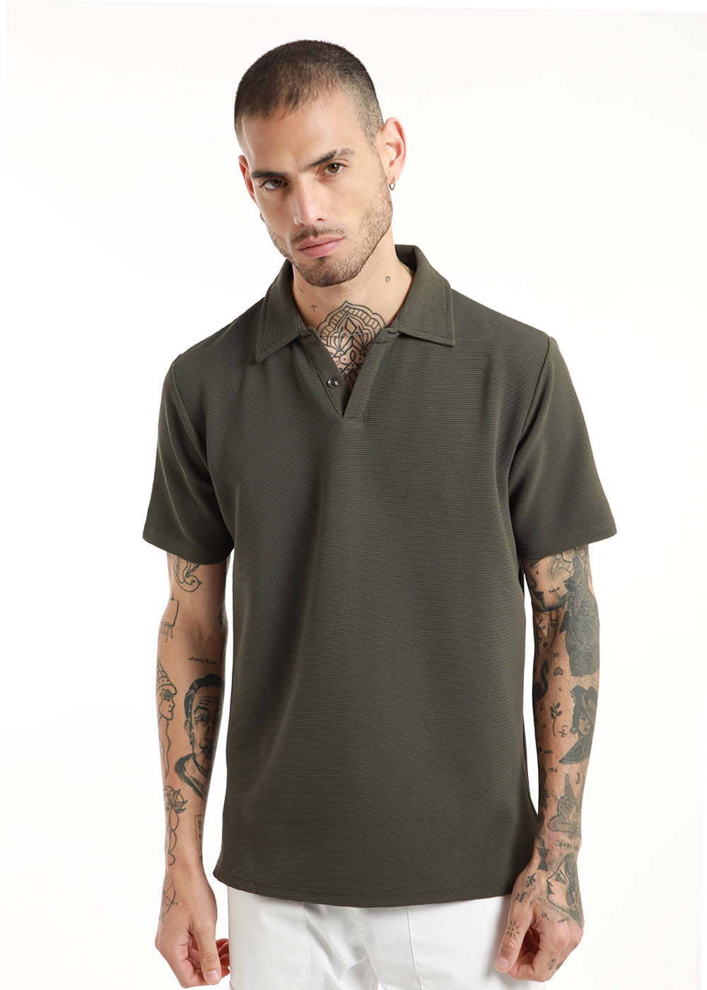 Olive Green Textured Polo Tshirt