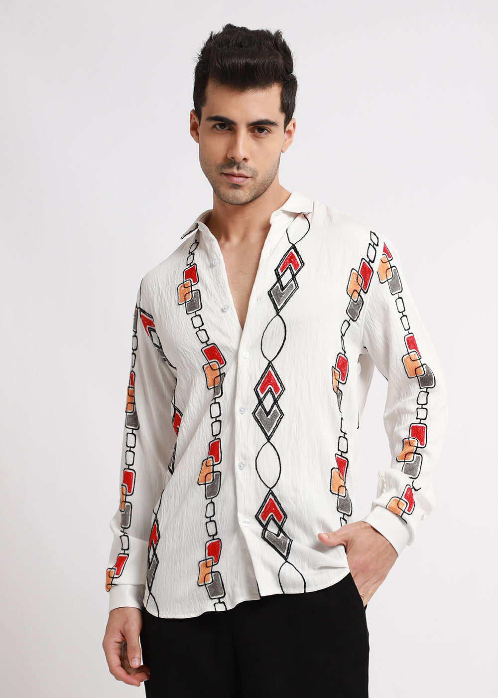 White Abstract Embroidered Shirt