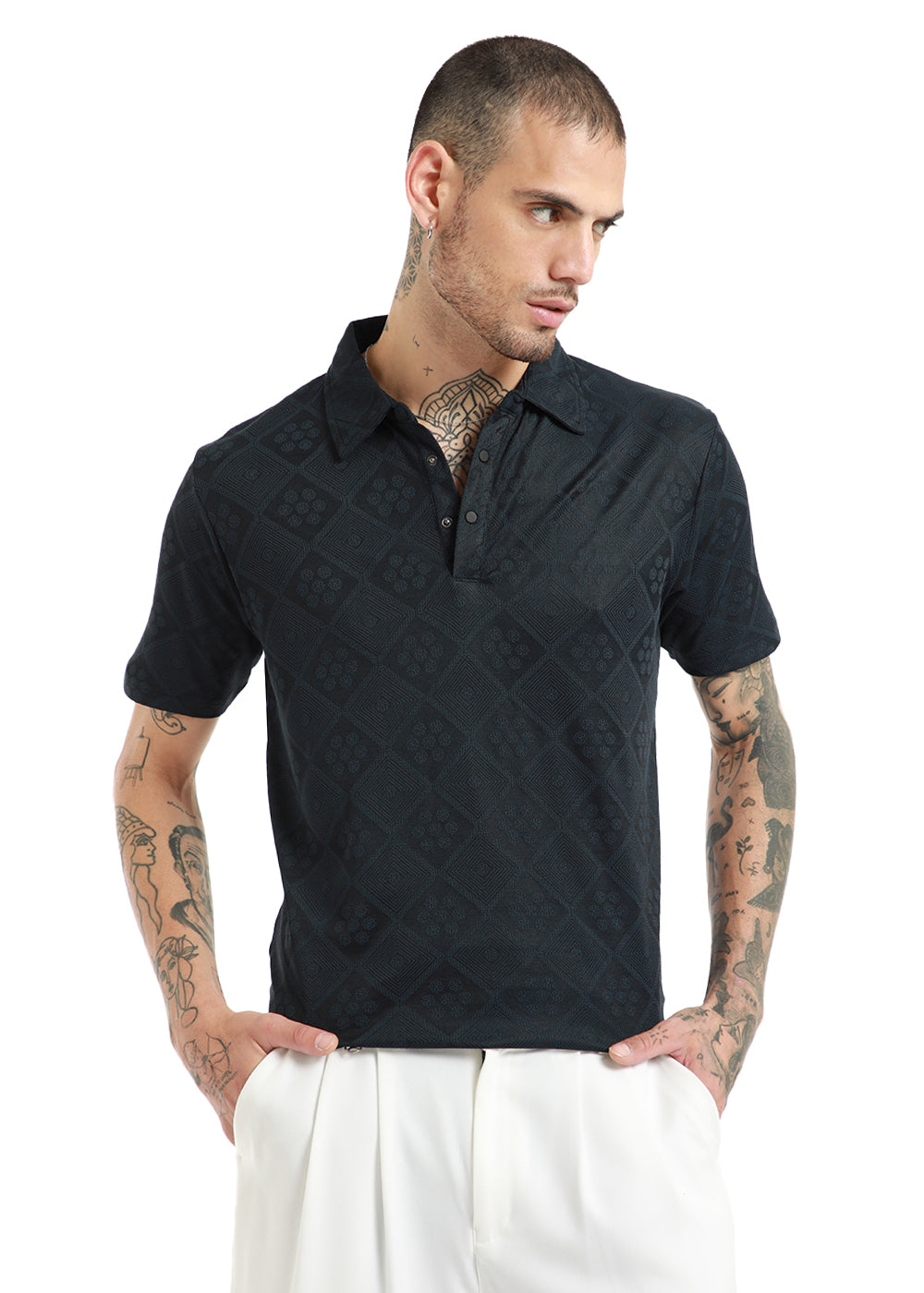 Dark Blue Diamond Textured Polo T-shirt