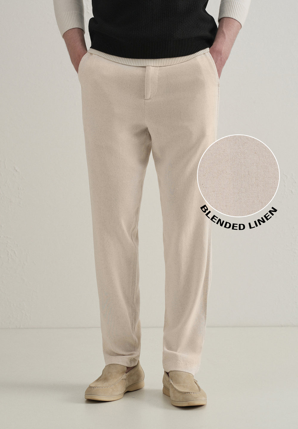 Beige Relaxed Fit Blended Linen Trouser