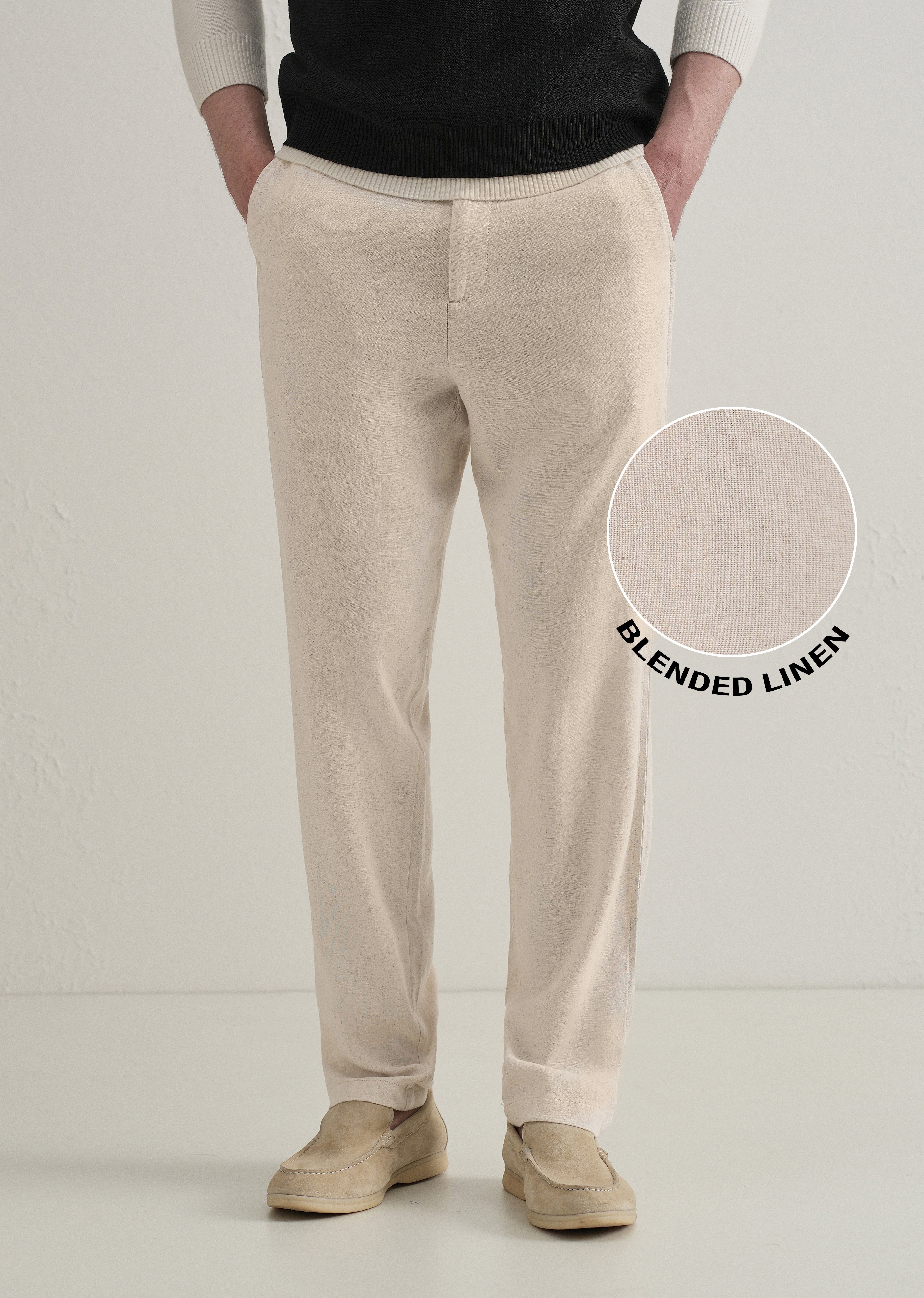 Beige Relaxed Fit Blended Linen Trouser