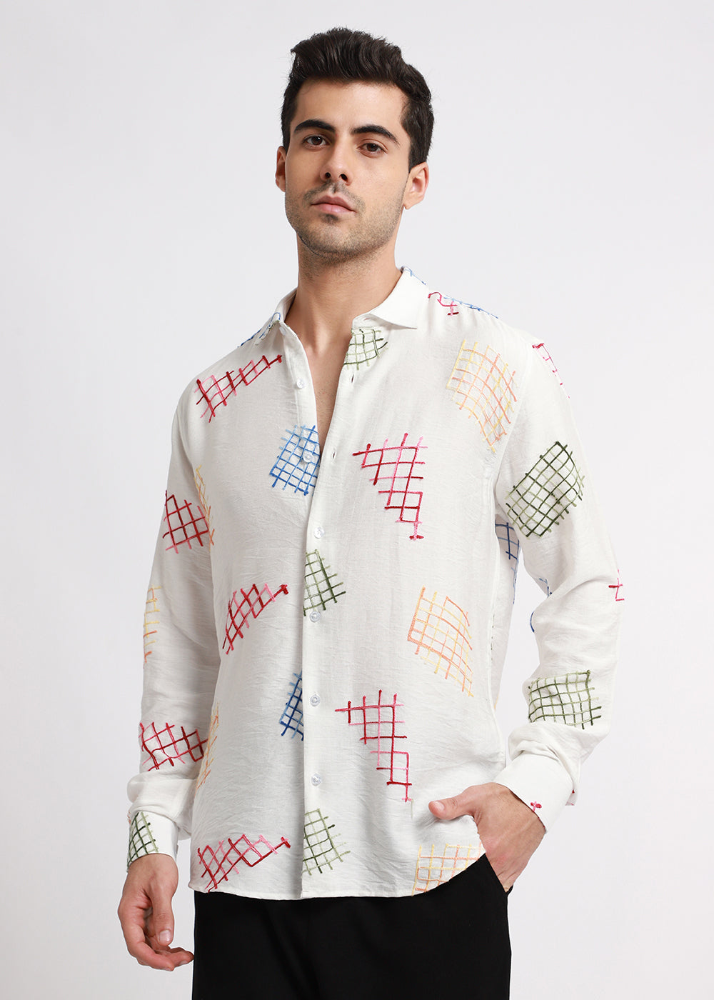 White Geometric Embroidered Shirt
