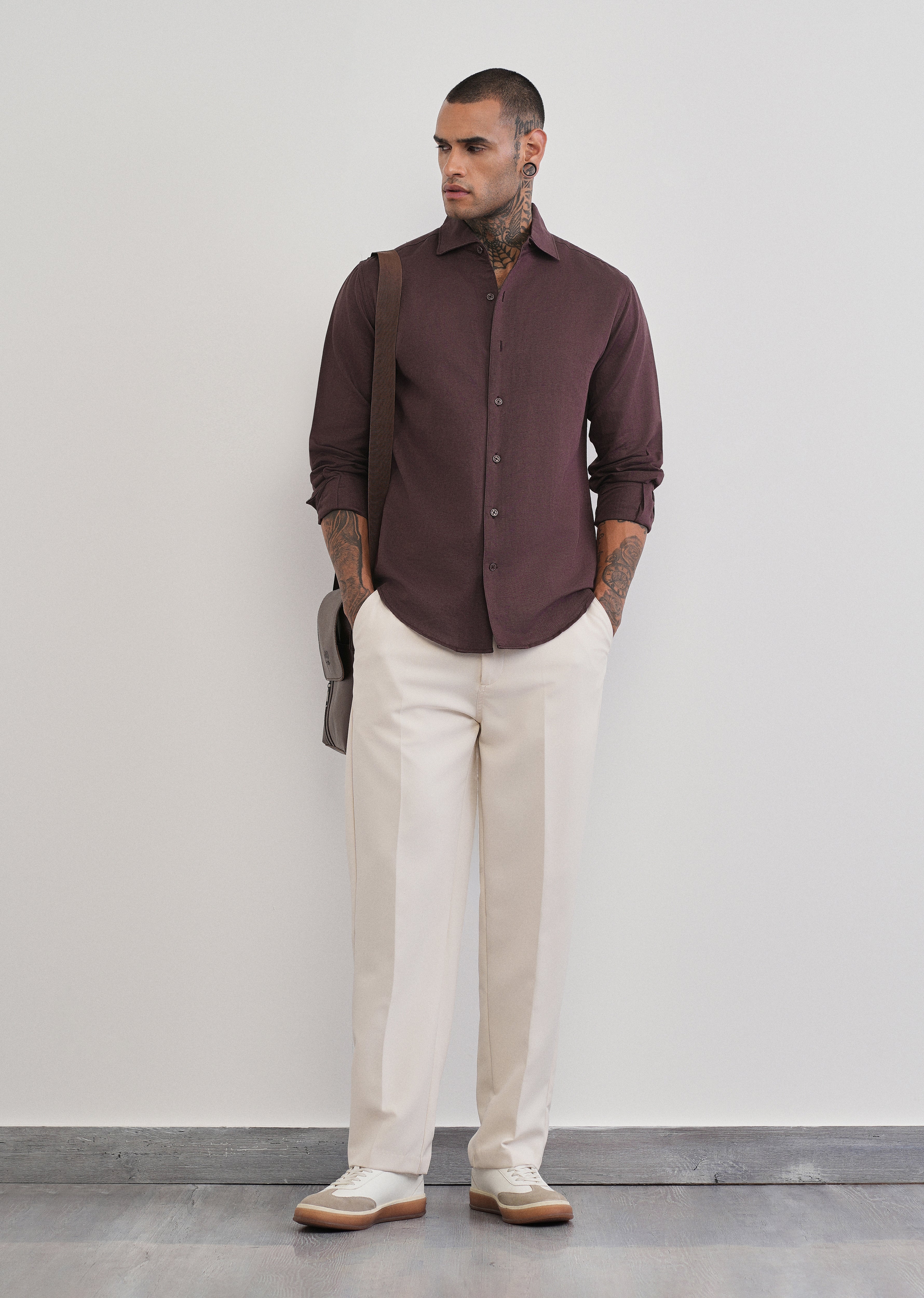 Wine Plain Cotton Linen Shirt