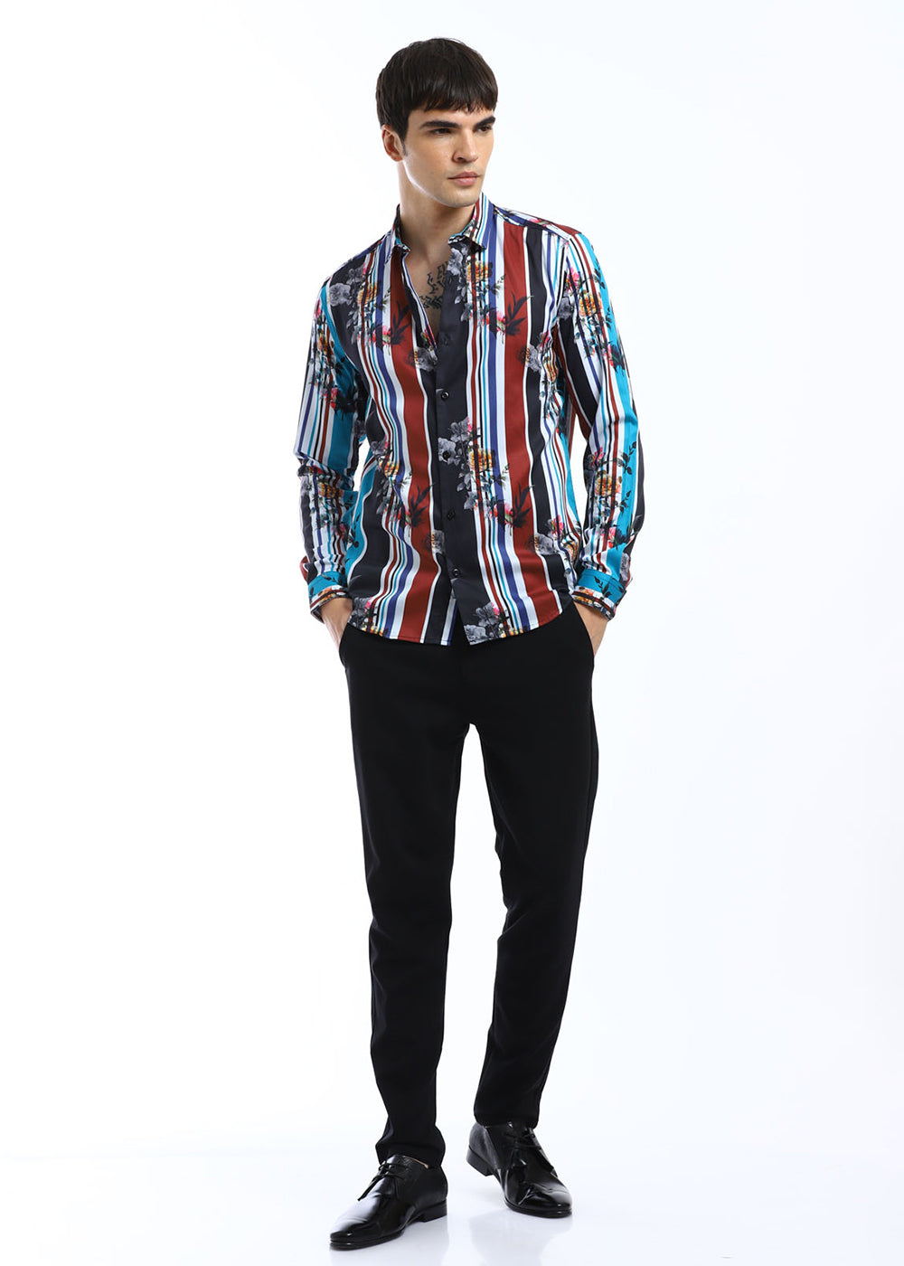 Blue Floral Striped Printed Shirt