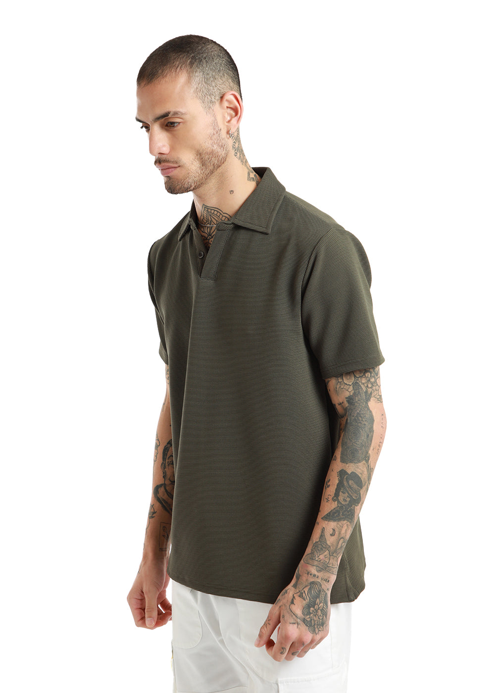 Olive Green Textured Polo Tshirt