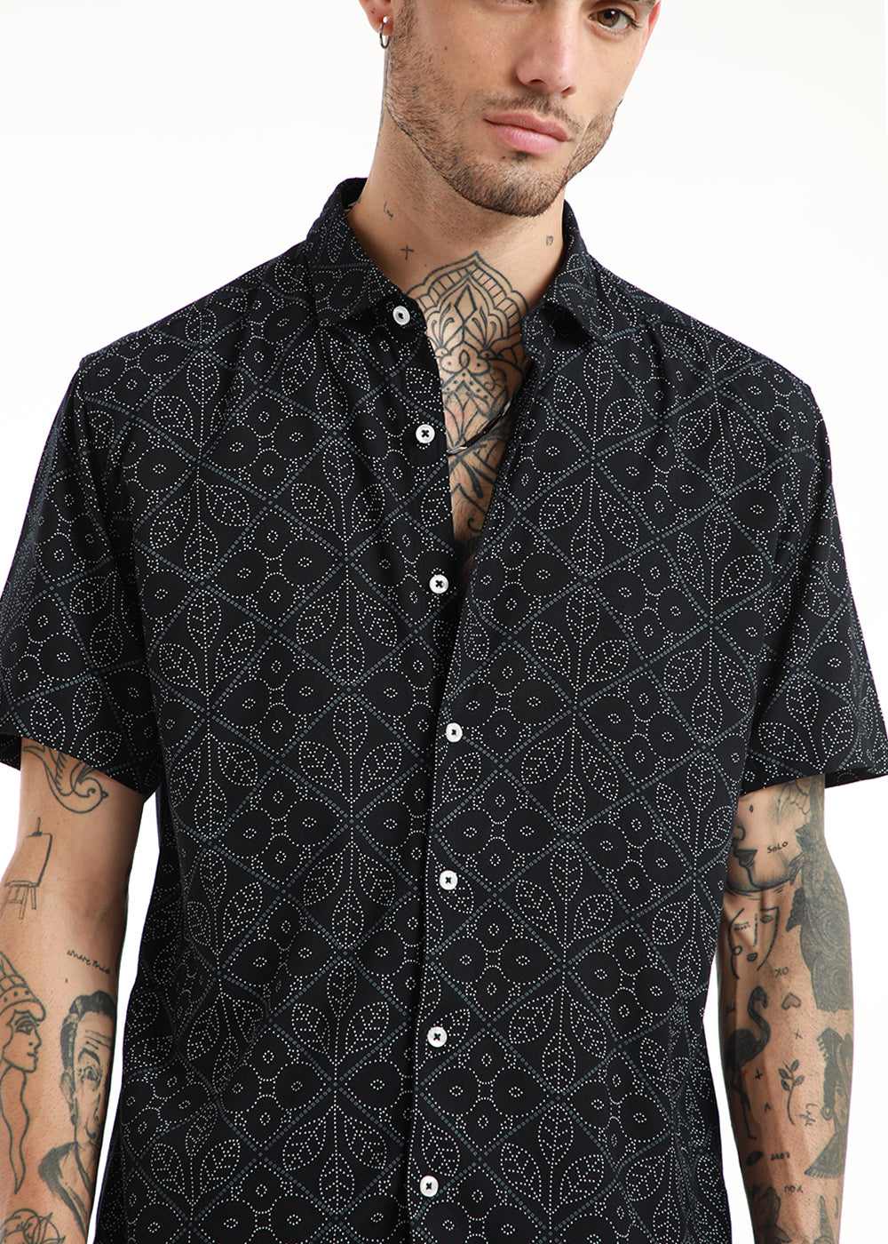Emblematic Black Leaf Print Half Sleeve Shirt