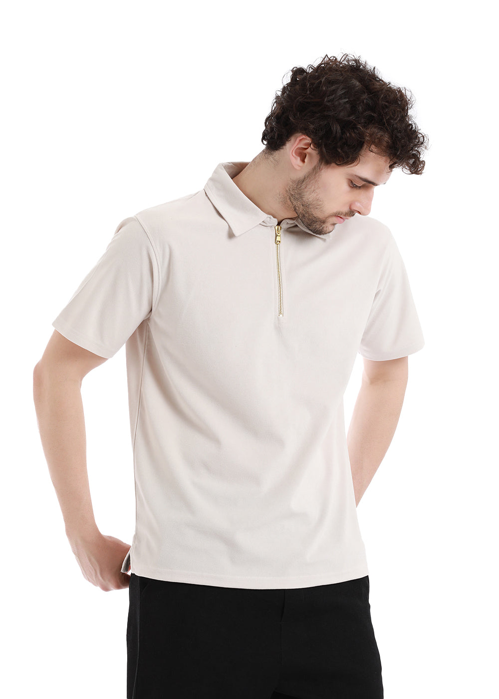 Cream Beige Zip polo T-shirt