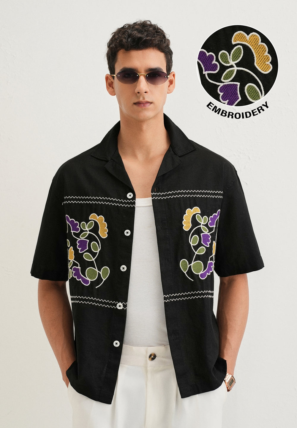 Noir Black Embroidery Cuban Collar Shirt