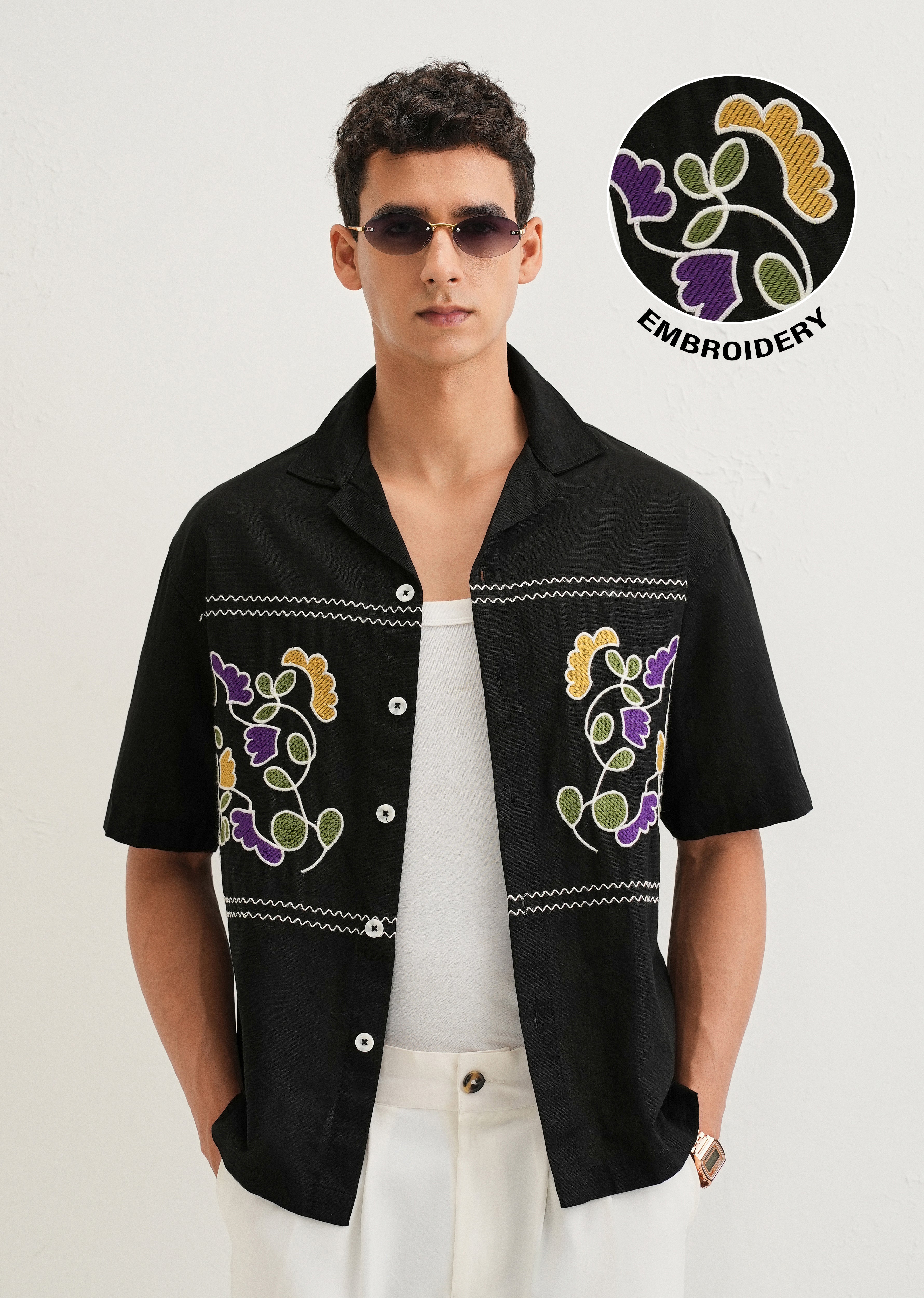 Noir Black Embroidery Cuban Collar Shirt