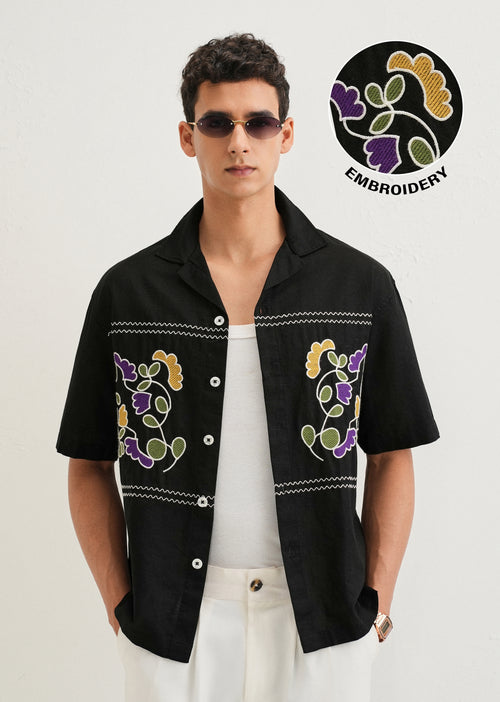 Noir Black Embroidery Cuban Collar Shirt