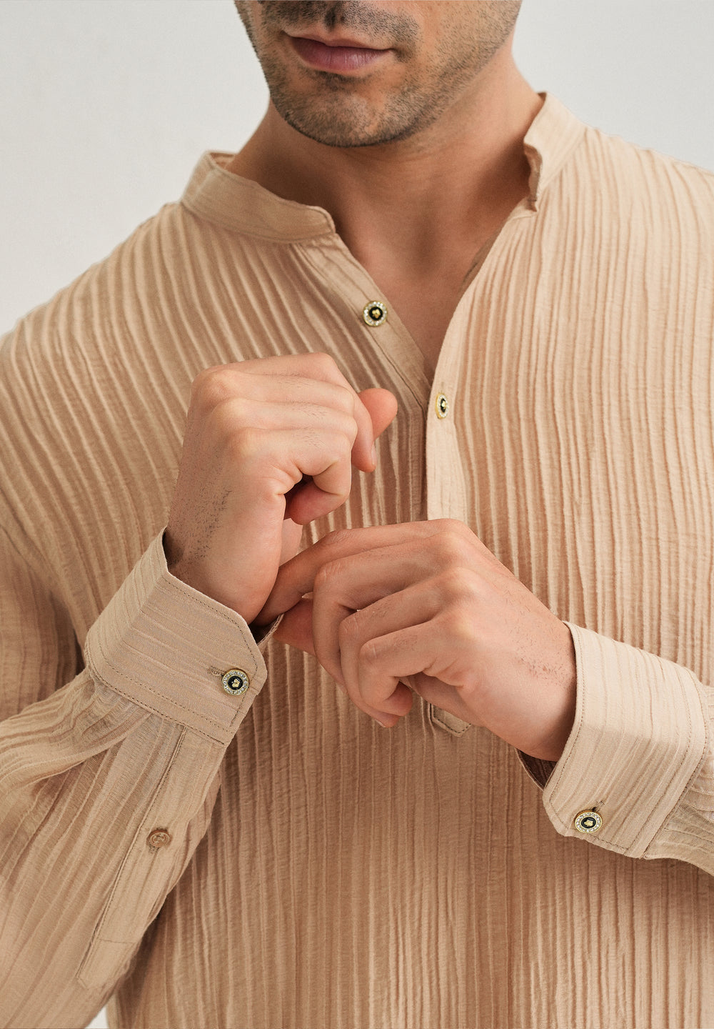 Sand Brown Crinkled Stripe Kurta