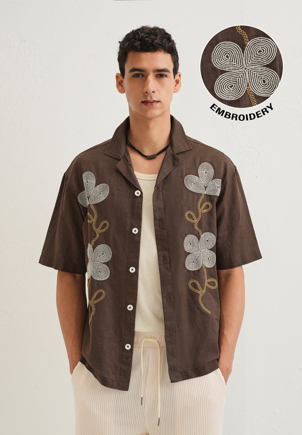 Coffee Brown Embroidery Cuban Collar Shirt