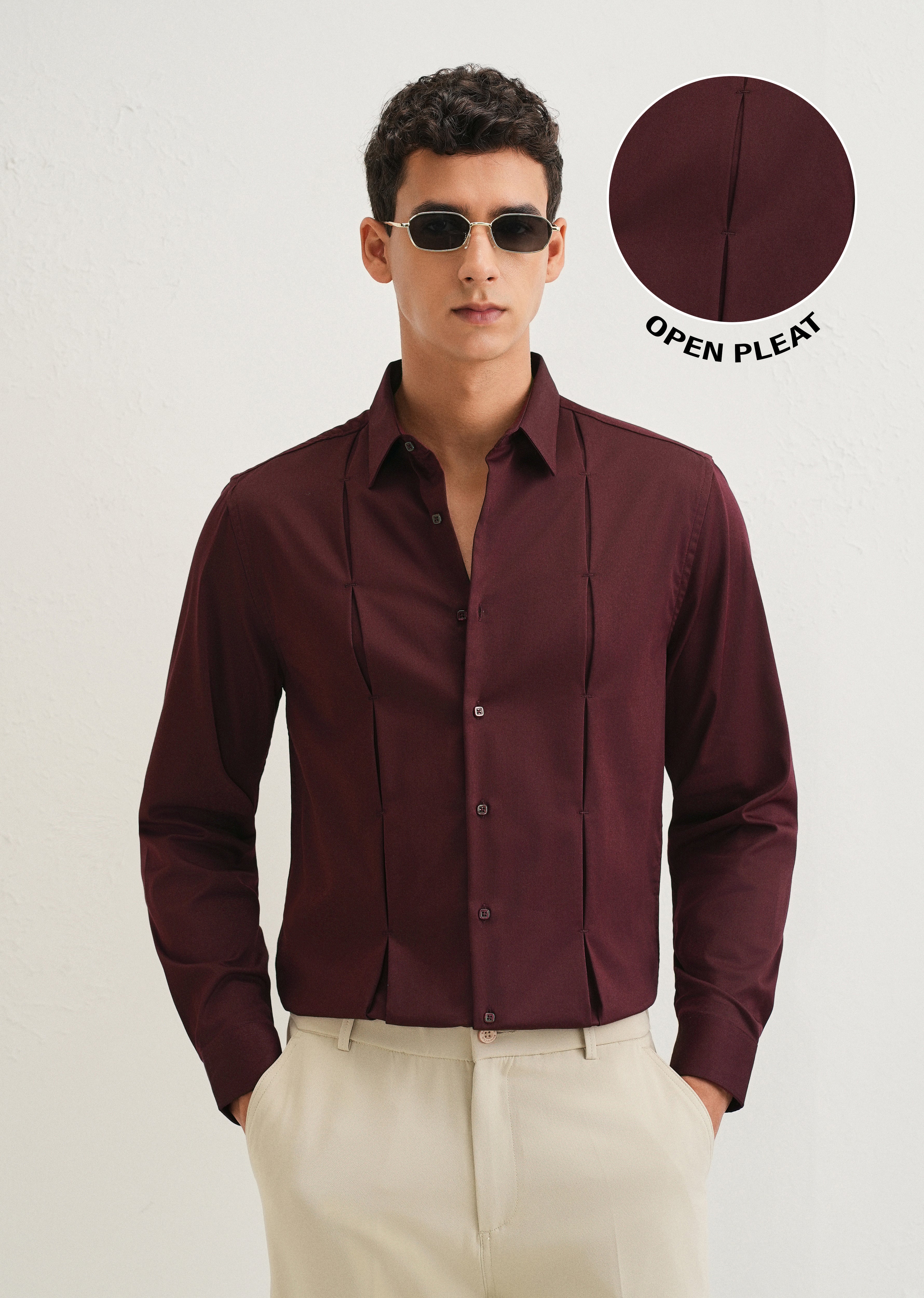Burgundy Front Panel Open Pleat Shirt