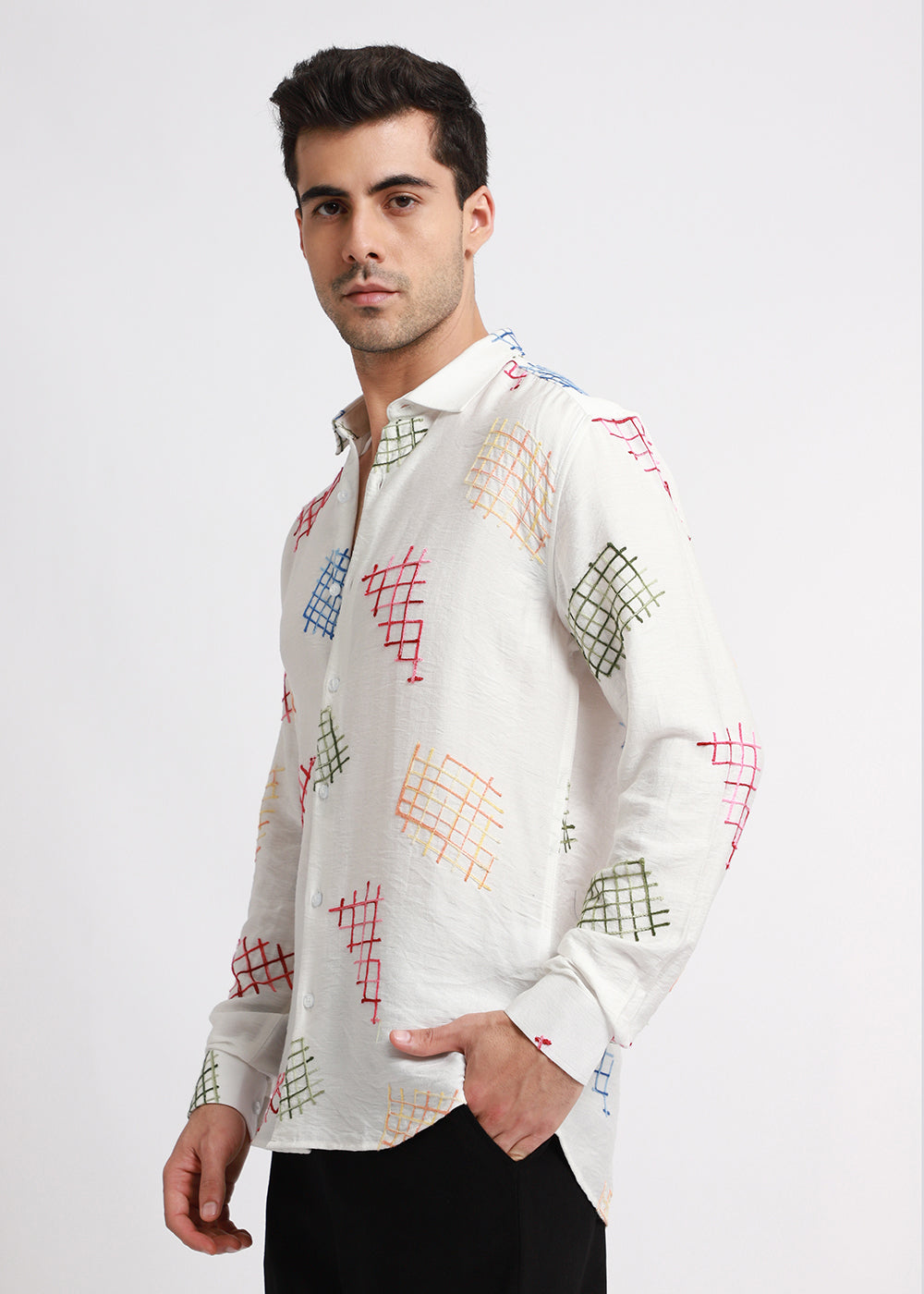 White Geometric Embroidered Shirt