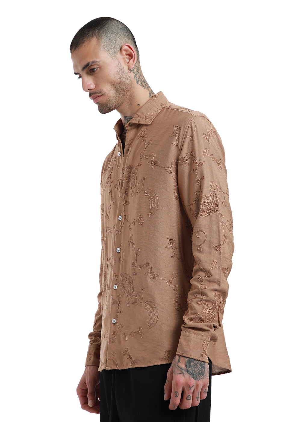 Metallic Bronze Floral Embroidery Shirt