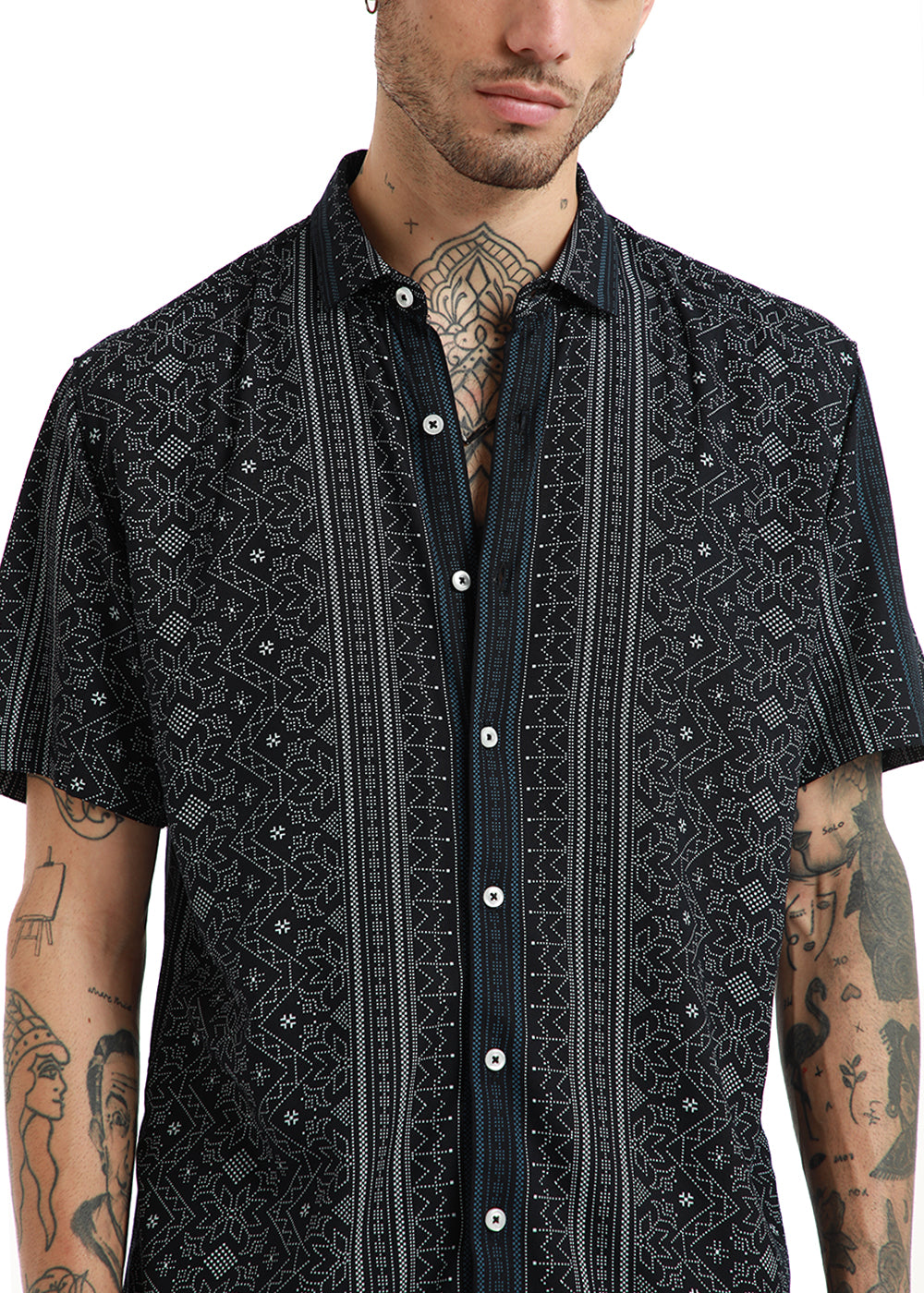 Fabula Black Print Half Sleeve Shirt